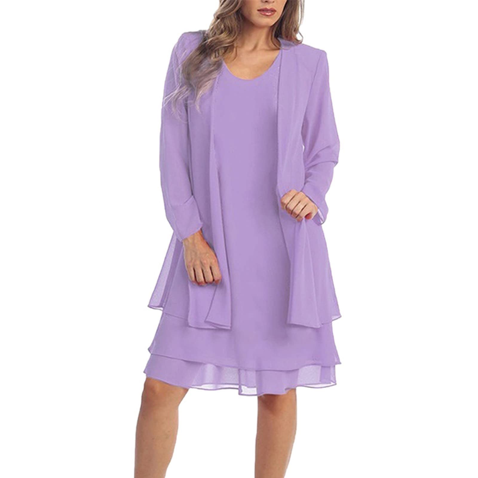 LOOKAA Women's Elegant Two-Piece Formal Dress Set - Chiffon Lace Cocktail Dress with Cardigan for Wedding Guest, Party & Special Occasions | Long Sleeve Evening Gown for Dinner Date & Prom Events