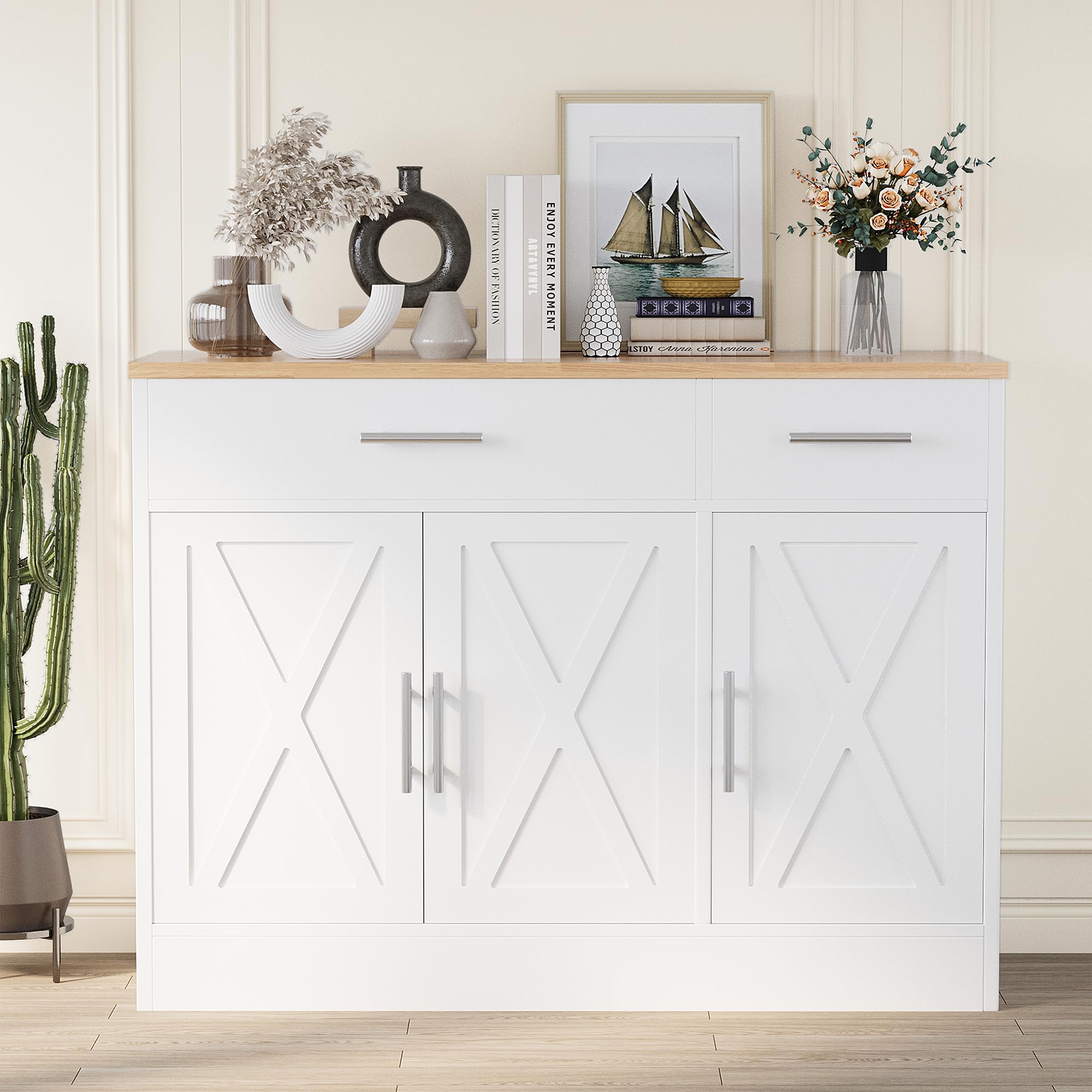 Modern Farmhouse Sideboard Buffet Cabinet with 3 Barn Doors & Adjustable Shelves - 42