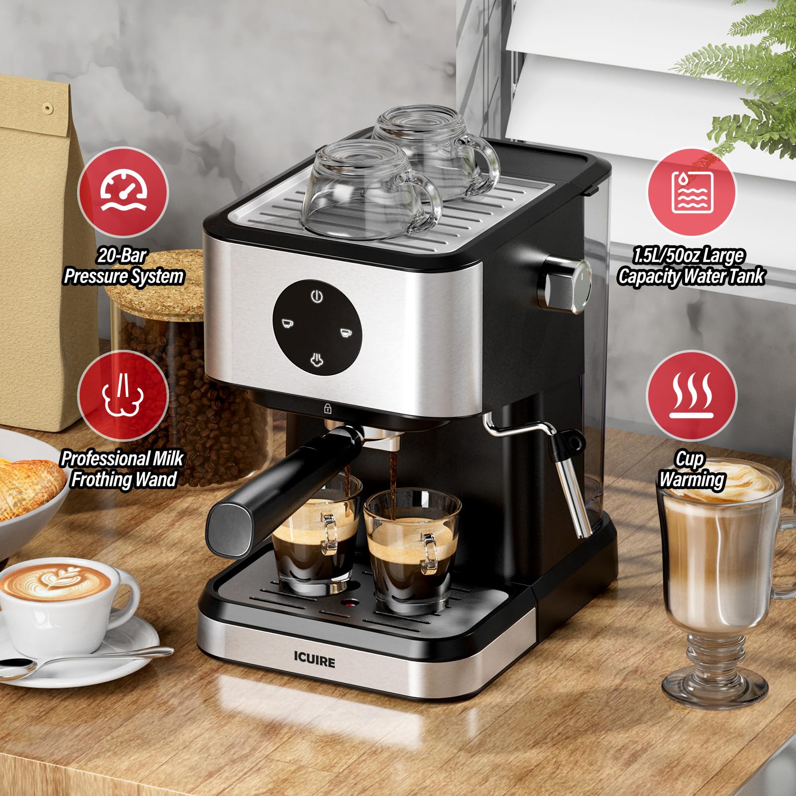 ICUIRE 20 Bar Espresso Machine with Milk Frother - Compact Coffee Maker for Latte, Mocha, Americano & Cappuccino - 50oz Water Tank - Perfect for Home Baristas & Espresso Martinis (Silver) - Ideal for Small Kitchens, Office Use & Gift Giving