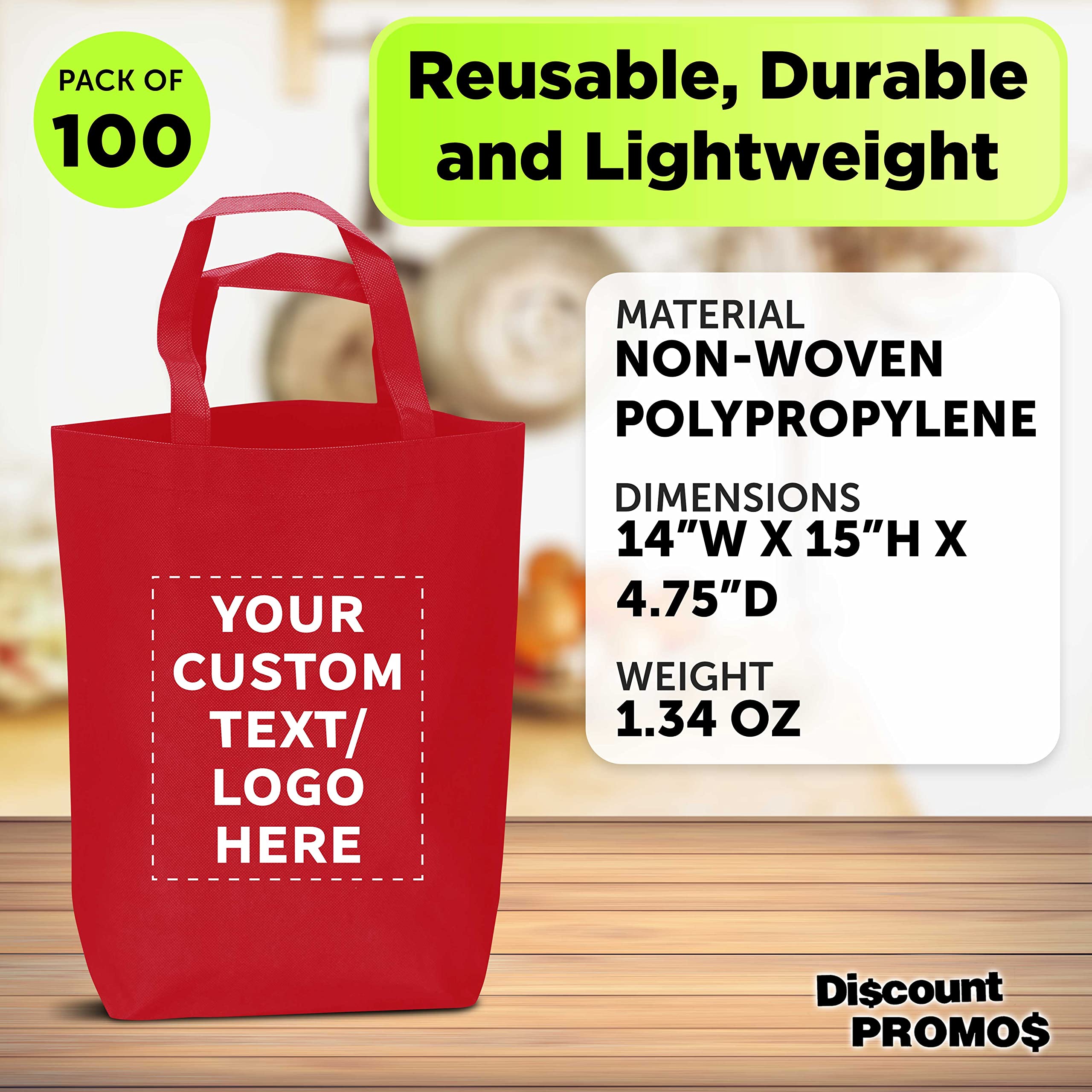 Custom Large Heavy Duty Reusable Tote Bags - Bulk Pack of 100 Personalized Grocery & Shopping Bags - Durable Promotional Merchandise for Business Branding & Giveaways - Red - Perfect for Retail Stores, Trade Shows & Eco-Friendly Shopping