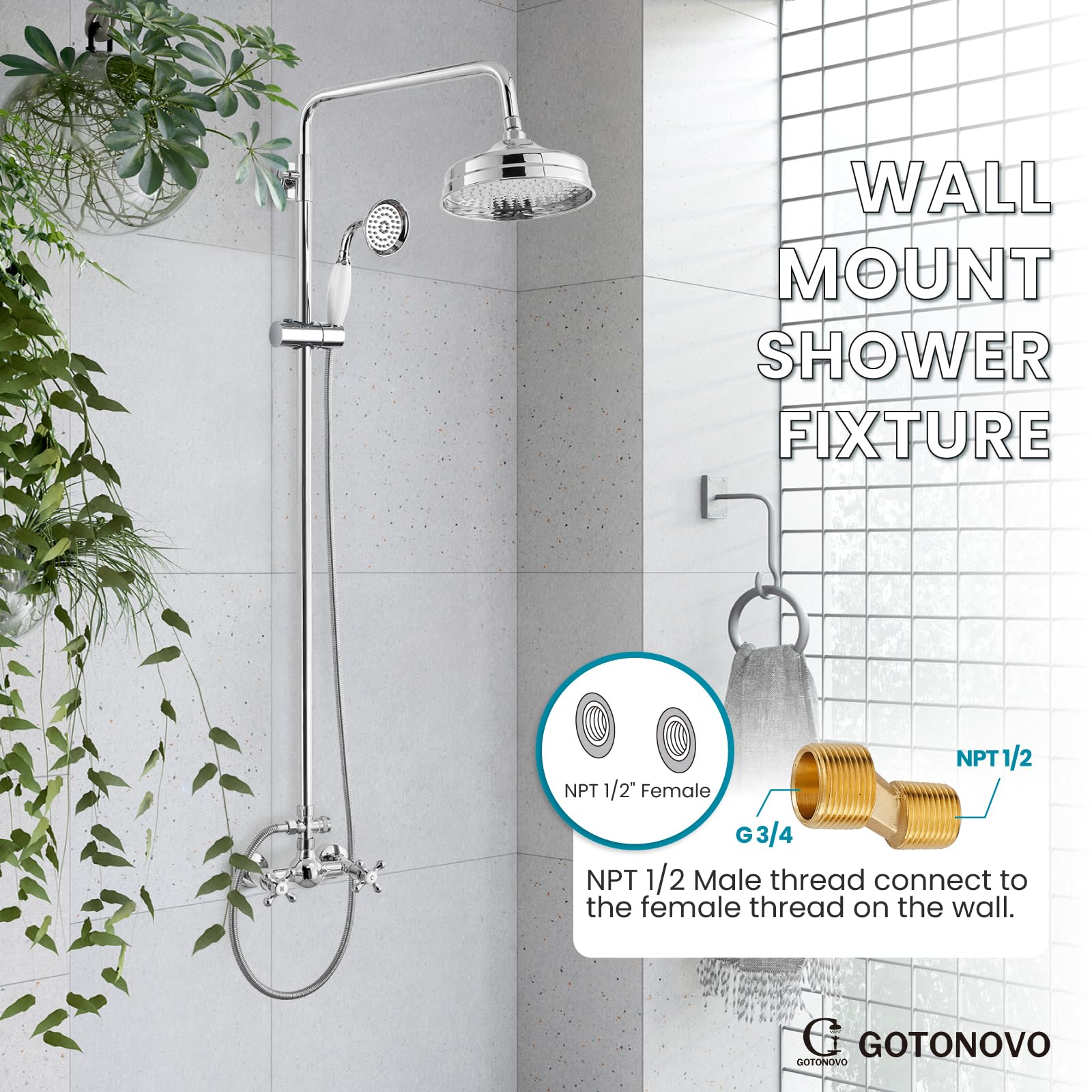 Luxury 8 Inch Wall Mount Rainfall Shower System with Handheld Spray - Polished Chrome Exposed Shower Faucet Set, Adjustable Straight Rod & Cross Double Handle for Modern Bathrooms | Perfect for Spa-Like Experience and Daily Relaxation