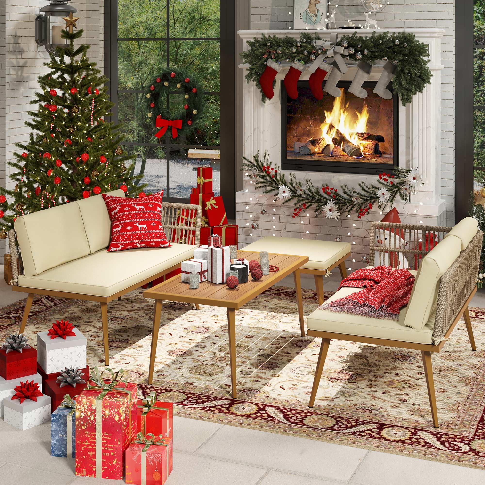 YITAHOME 4-Piece Outdoor Patio Furniture Set - L-Shaped Rattan Woven Sectional Sofa with Cushions & Side Table, Boho Style Detachable Lounger for Backyard, Porch, Garden - Beige | Perfect for Relaxing, Entertaining & Outdoor Gatherings