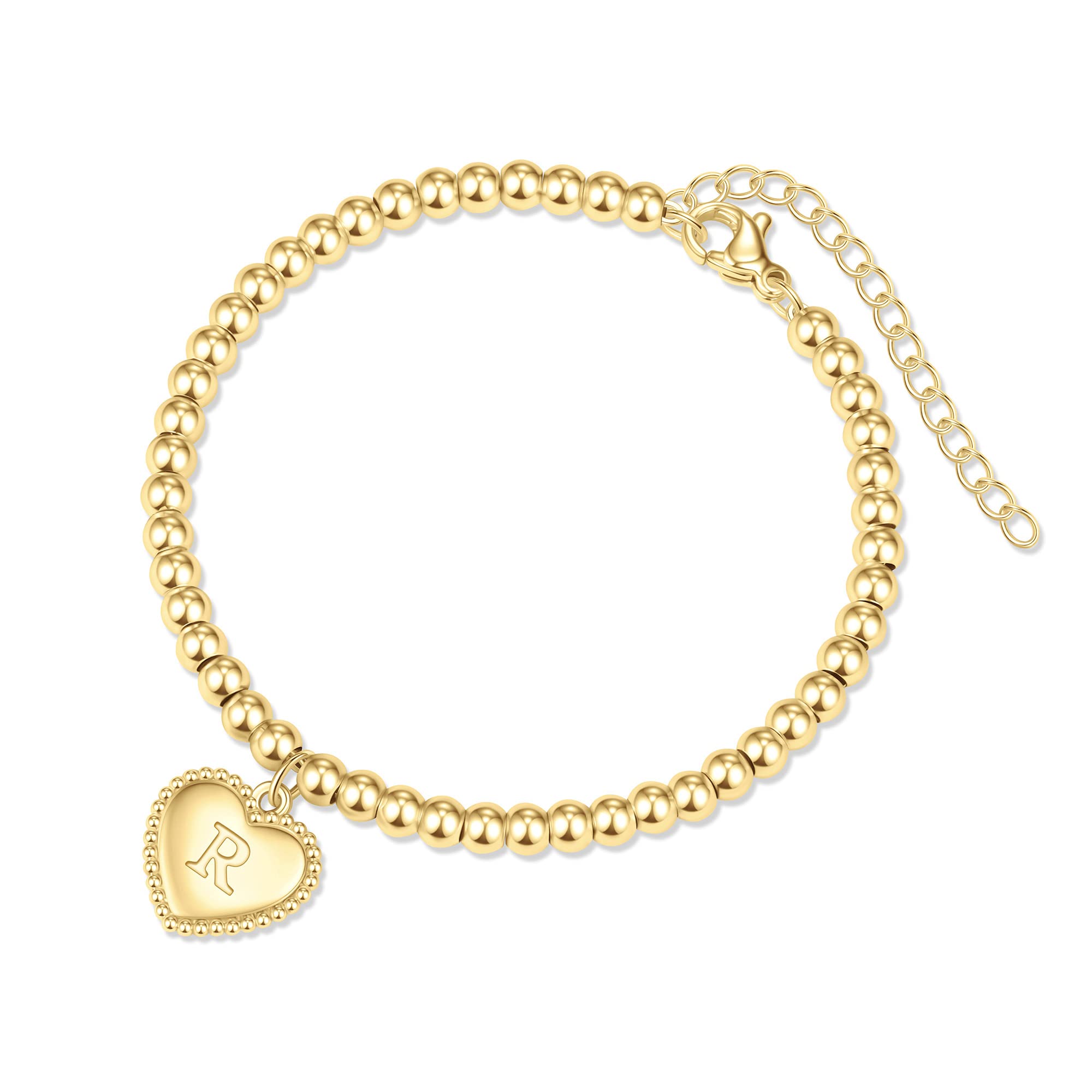 14K Gold Plated Heart Initial Bracelet for Women & Teen Girls - Handmade Beaded Charm Bracelet with 4MM Round Beads & Gold Chain - Perfect Gift for Birthday, Valentine's Day & Everyday Wear