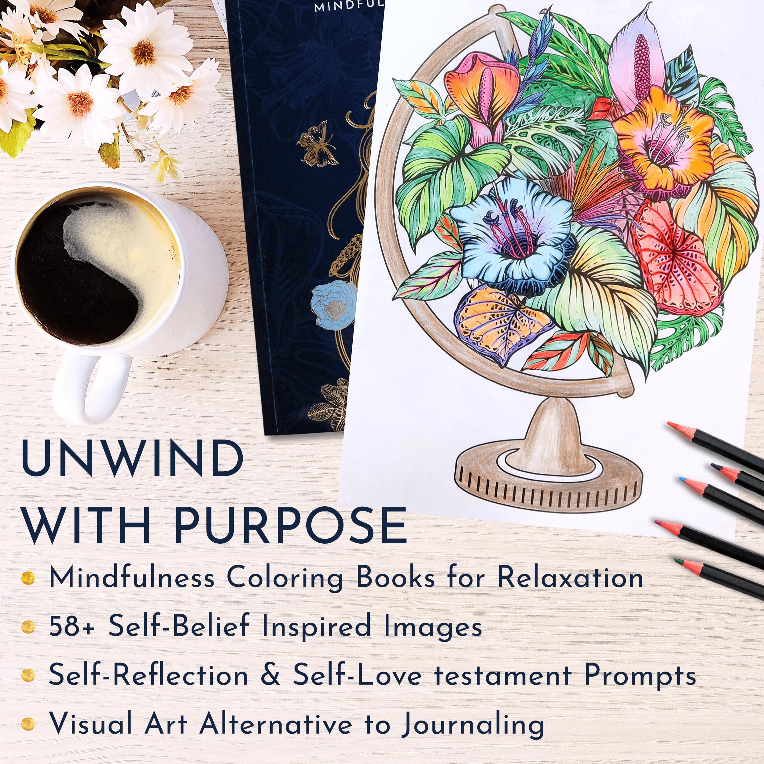 RYVE Mindfulness Coloring Book for Adults - Stress Relief & Personal Growth with Inspirational Prompts - Perfect Relaxation Gift for Women, Men - Ideal for Meditation, Therapy & Self-Care