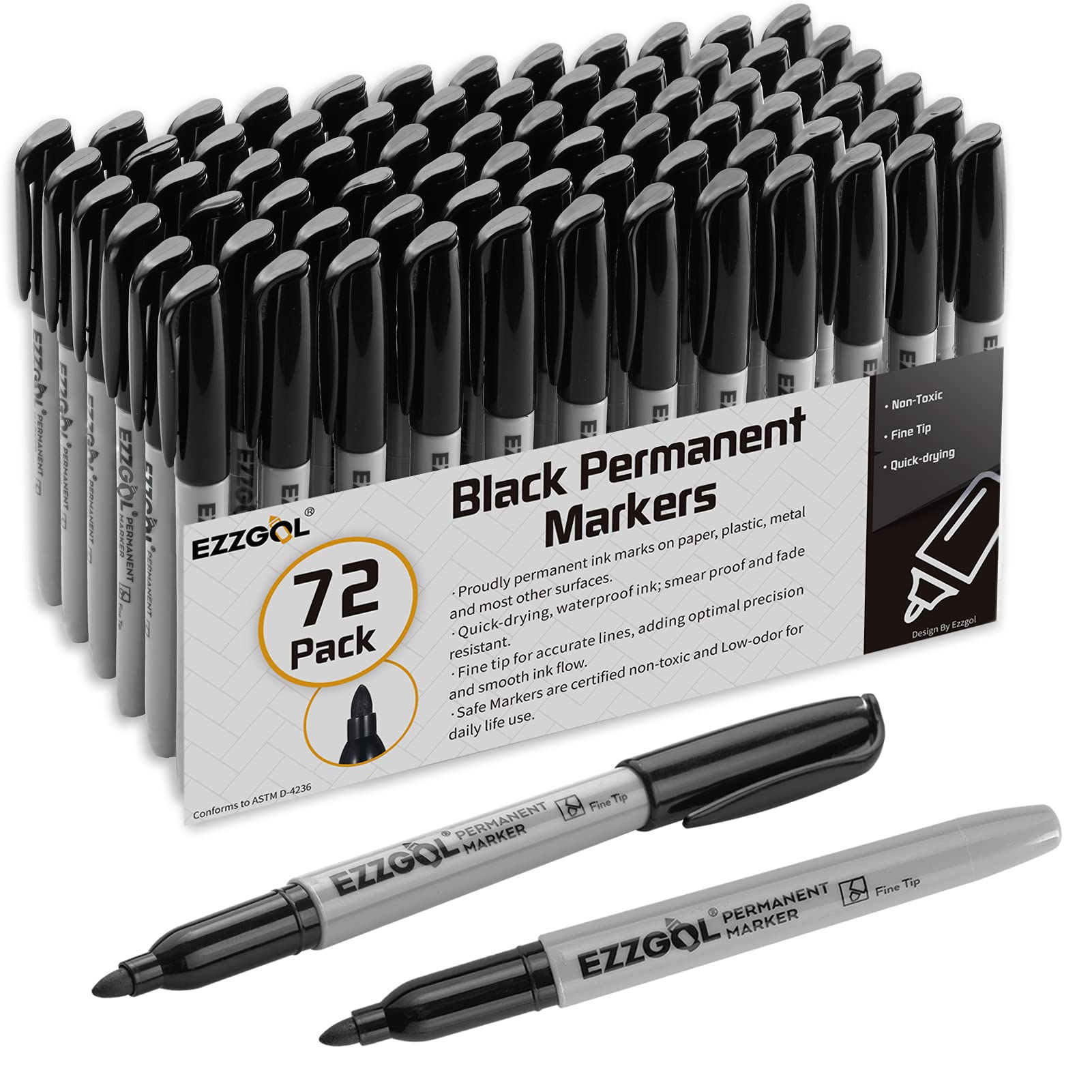 Ezzgol 72 Pack Black Permanent Markers Set - Fine Tip Waterproof & Quick Drying Markers for Office, School, Home - Premium Smear Proof Pens for Labeling, Crafting, Whiteboards & DIY Projects