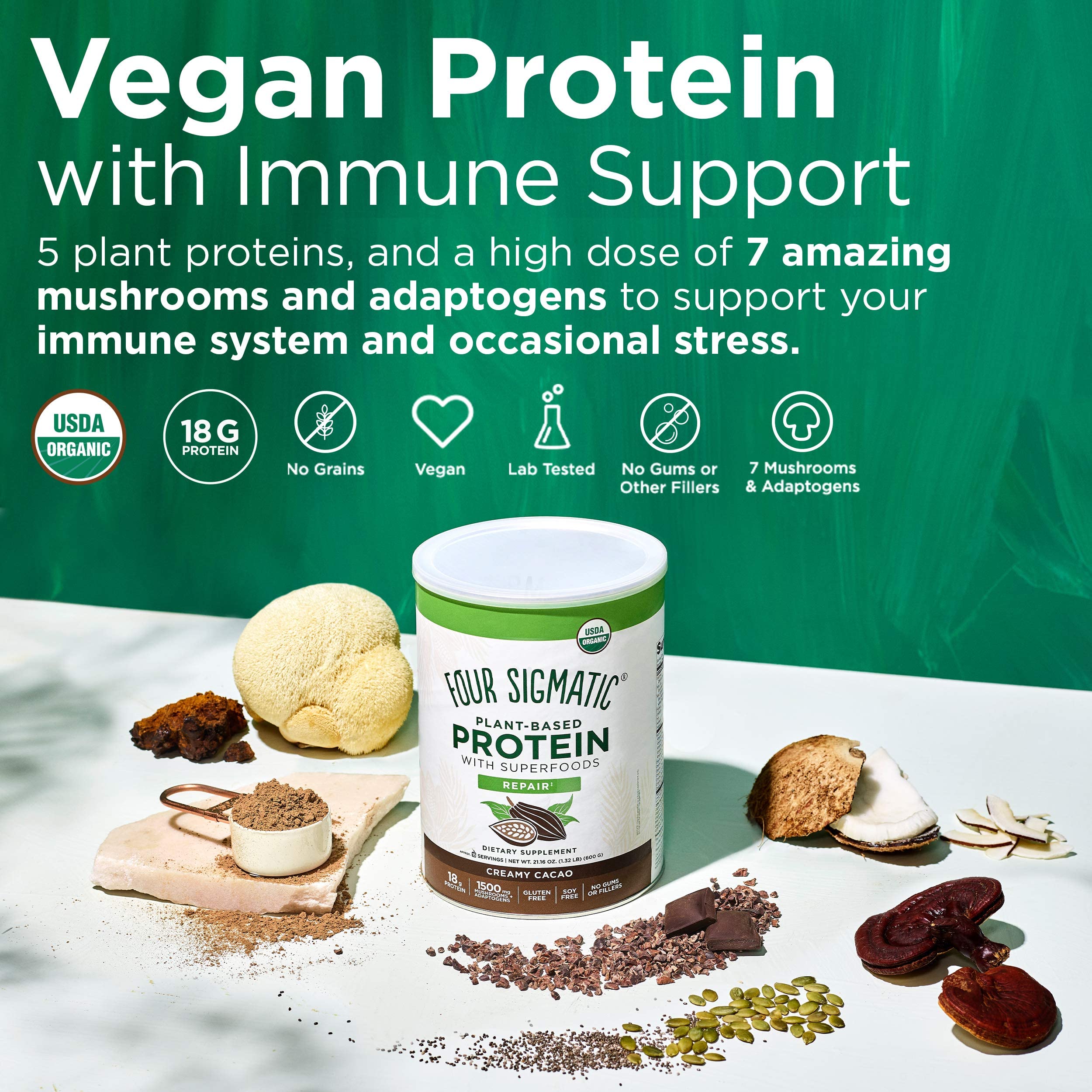 Four Sigmatic Organic Plant-Based Protein Powder Creamy Cacao with Lion’s Mane, Chaga & Cordyceps | Vegan Protein for Brain Function & Immune Support | 21.16 oz | Perfect for Smoothies, Baking & Post-Workout Recovery