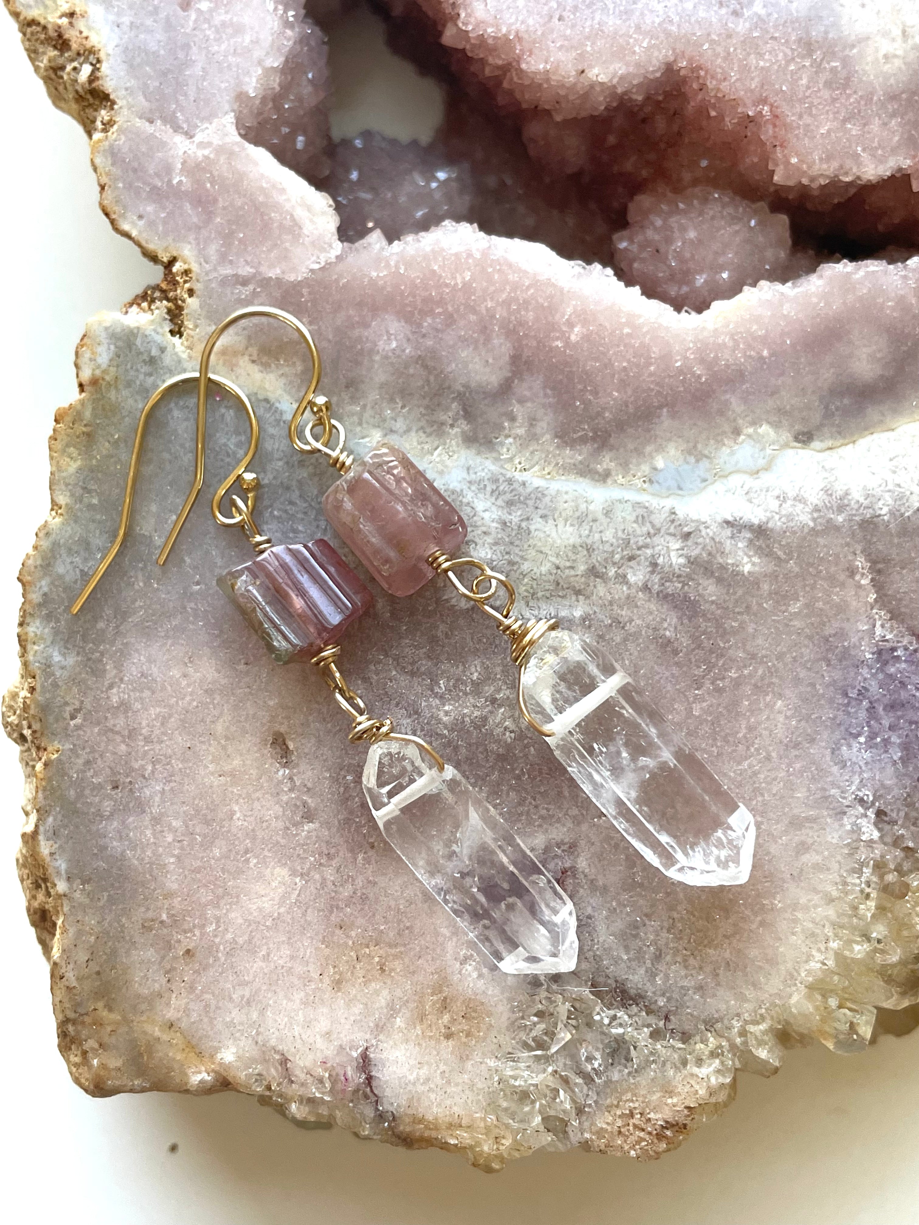 Pink Tourmaline & Clear Quartz Crystal Earrings in Gold Fill - Elegant Boho Jewelry for Women, Gift for Her, Wedding & Party Accessories