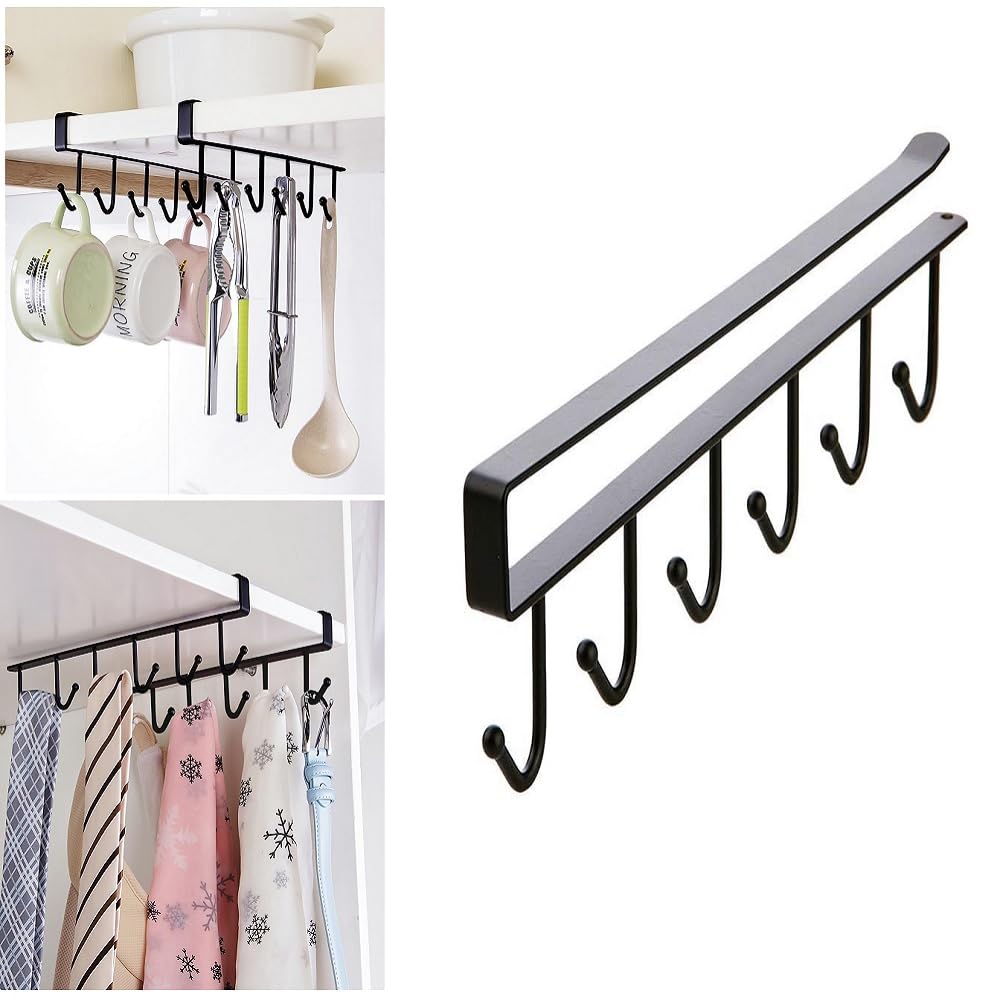 A2K Zone Under Cabinet Storage Rack with 6 Hooks - No Drill Hanging Organizer for Kitchen Utensils, Towels, Mugs, Pots & Pans - Space Saving Solution for Small Kitchens & Bathrooms (Multi Color, 1 Pack)