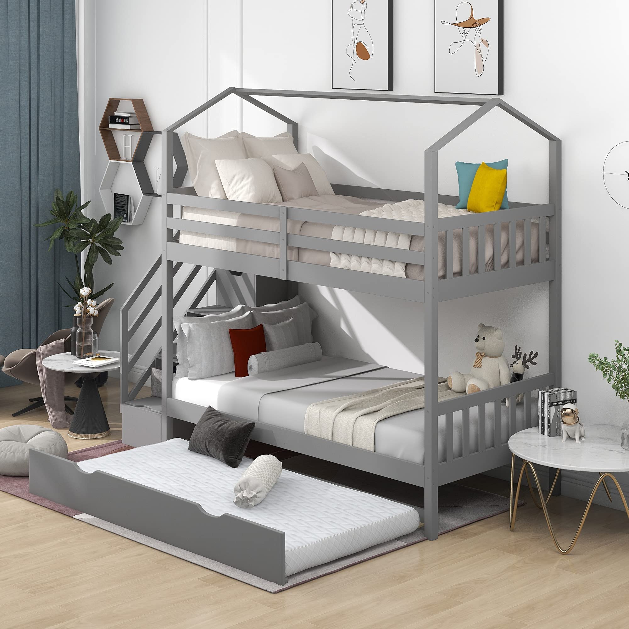 **Twin Over Twin Bunk Bed with Trundle - Solid Wood Kids Bunk Bed with Staircase & Storage - Space-Saving Bedroom Furniture for Boys, Girls, Teens - Perfect for Shared Rooms, Sleepovers & Small Spaces**