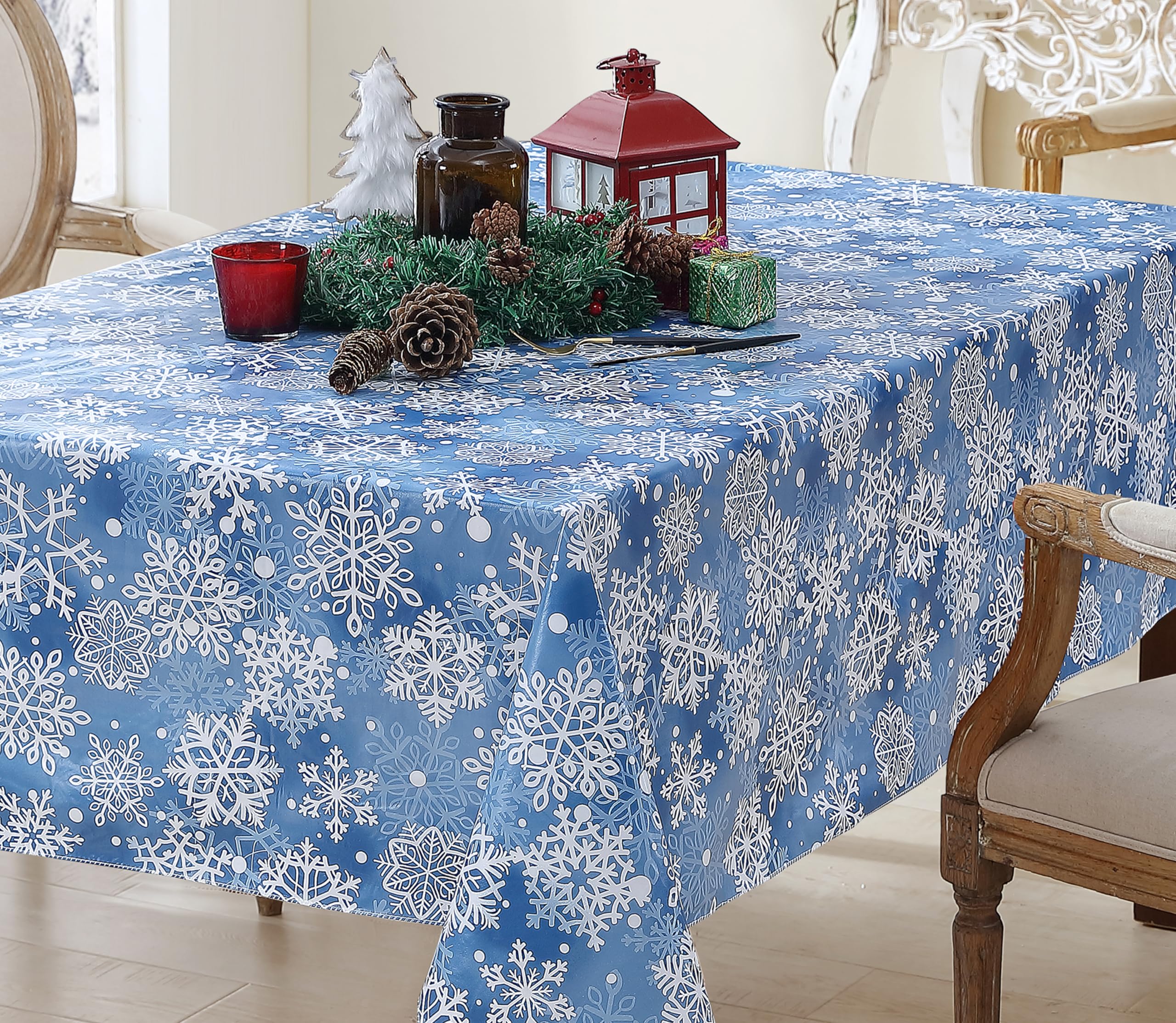 Newbridge Winter Holiday Blue Snowflakes Vinyl Tablecloth with Flannel Backing - Crystal Snowflake Christmas Table Cover, 52” x 70” Oblong/Rectangle, Easy Care Wipe Clean - Perfect for Holiday Dining, Parties & Festive Home Decor