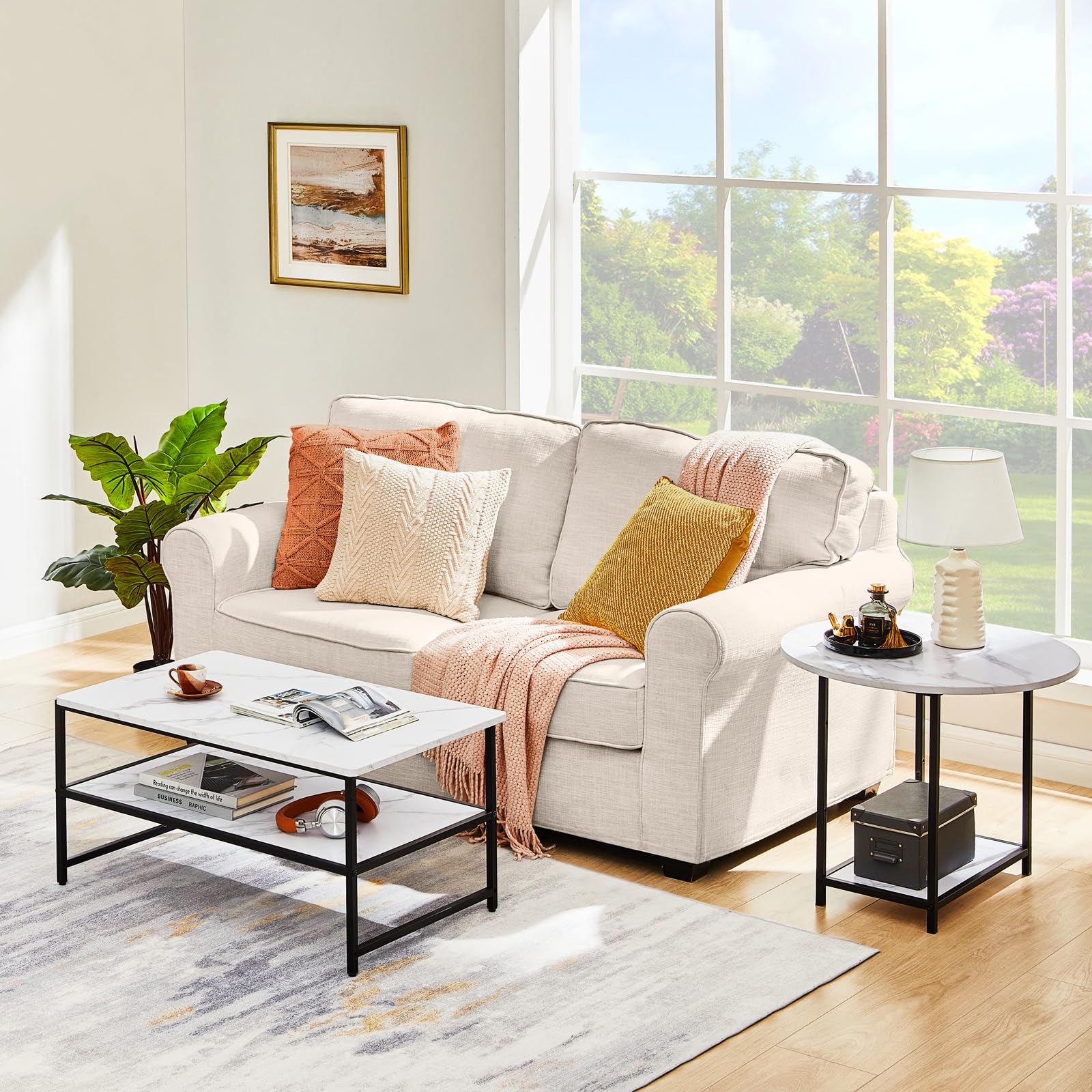 Modern White Coffee Table - Detachable Faux Marble Living Room Table for Small Spaces