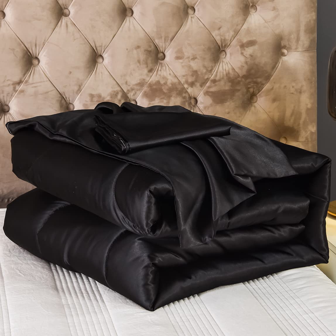 Luxury Satin Comforter Set - Black King Size Down Alternative Bedding | Silk-Like Softness | 1 Comforter + 2 Pillowcases | Perfect for Master Bedroom & Guest Room Decor