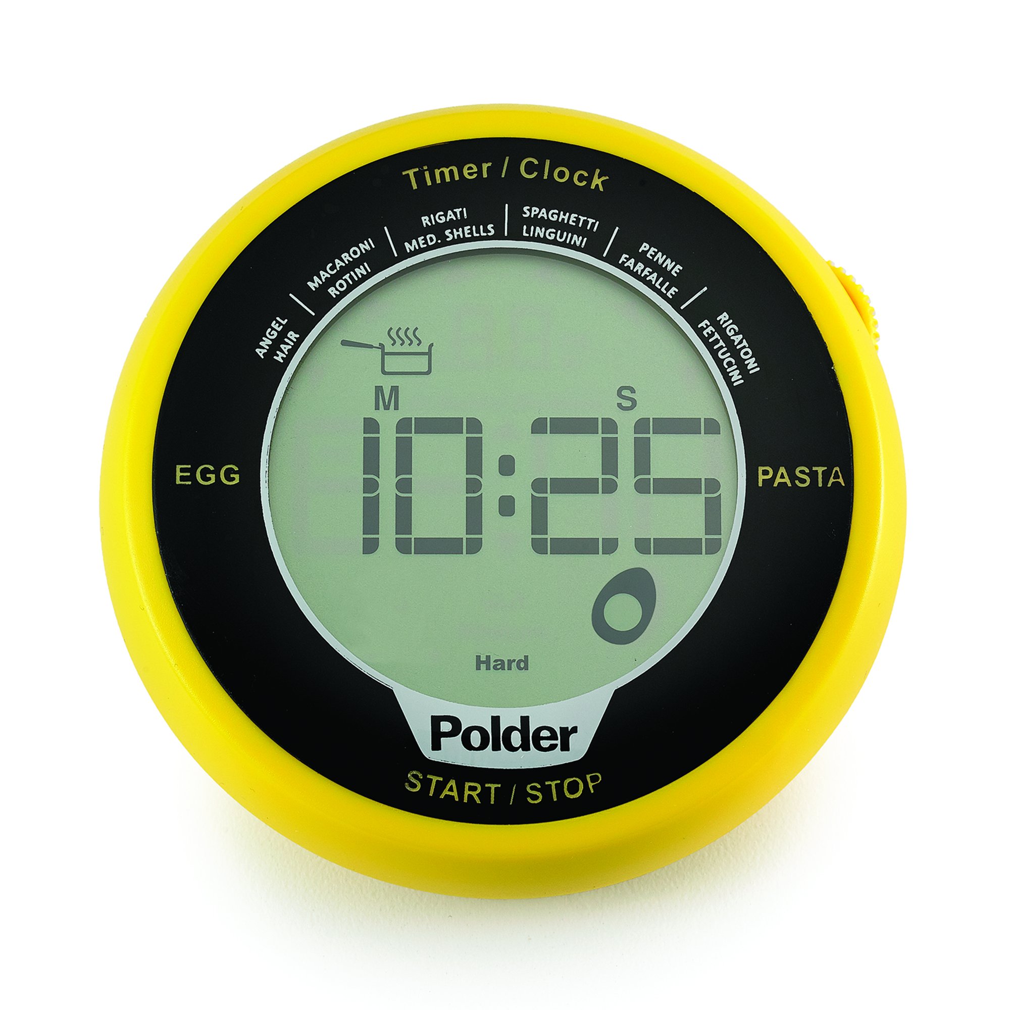 Polder Digital Egg and Pasta Timer with Preset Times & Built-in Clock - Yellow Kitchen Timer for Cooking, Baking, and Meal Prep - Perfect for Eggs, Pasta, Baking, and More