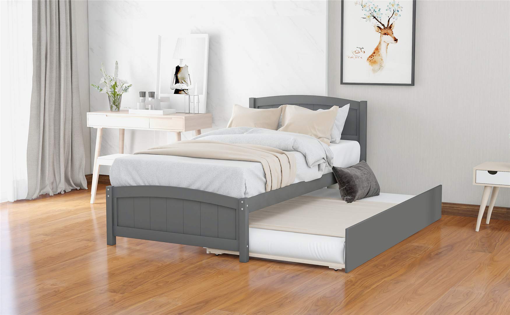Bellemave Twin Size Platform Bed Frame with Headboard & Trundle - Solid Wood Storage Bed, Finsbury Grey - Perfect for Kids Rooms, Guest Bedrooms & Small Spaces