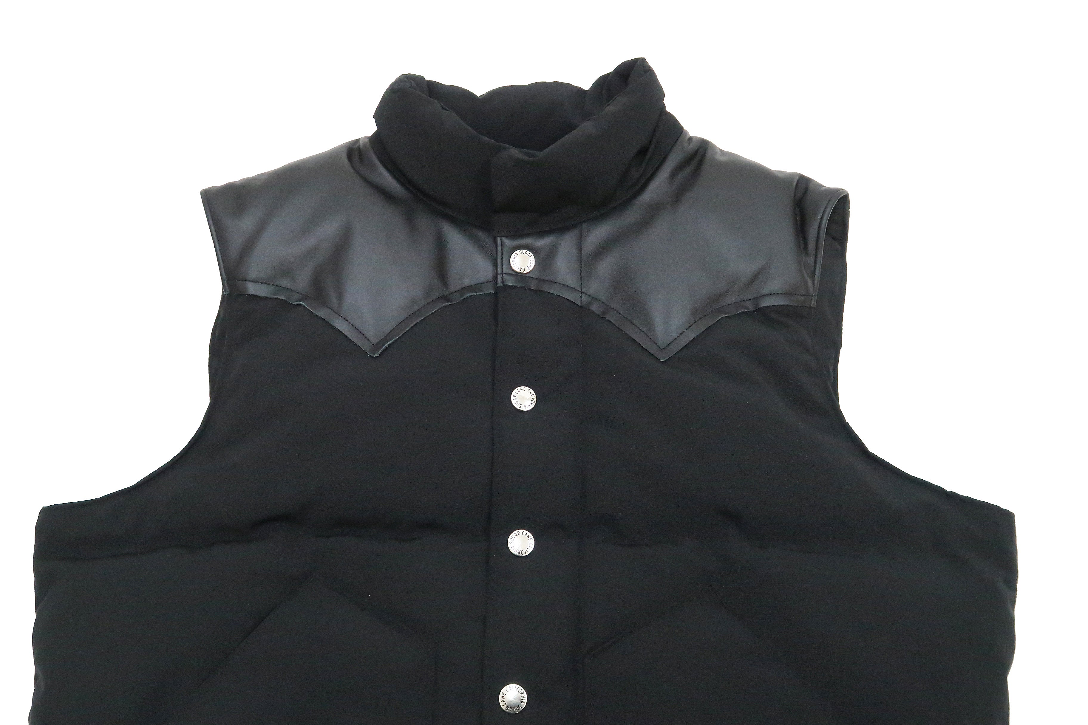 Men's Sugar Cane Down Vest with Leather Yoke Panel - Winter Warm Puffer Vest SC15222 - Black/Black for Outdoor Activities & Casual Wear