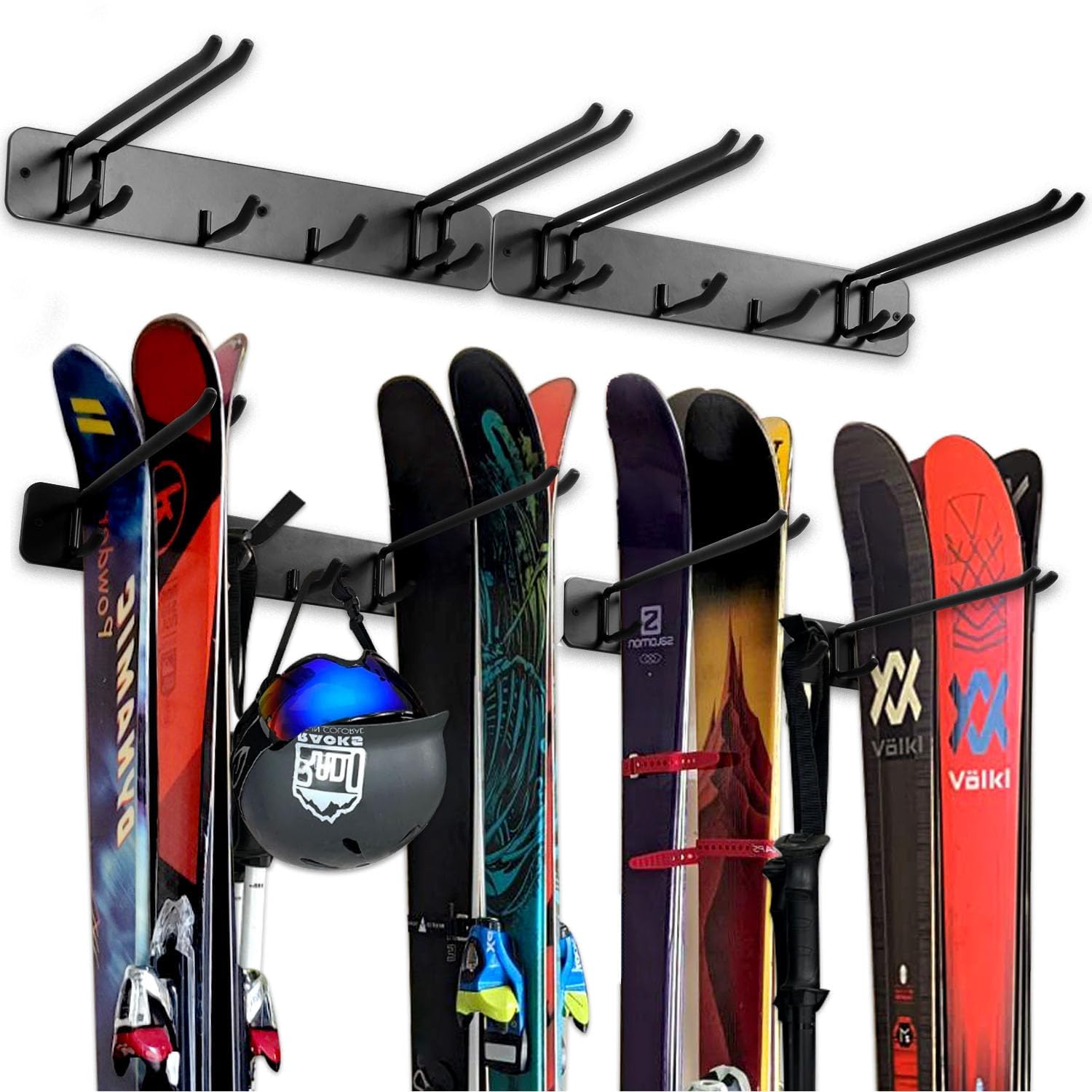 Wall Mount Ski & Snowboard Storage Rack - Heavy Duty 8-Pair Metal Hooks Organizer for Garage, Basement or Entryway - Indoor/Outdoor Sports Equipment Organization System (Perfect for Winter Gear Storage)