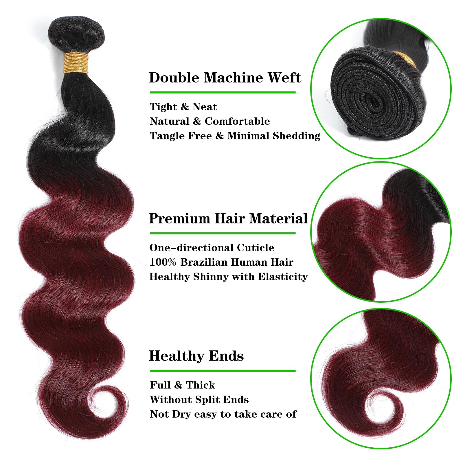 Kapelli 10A Ombre Brazilian Human Hair Bundles with Closure - 20 22 24+18 Inch Body Wave Weave in Black to Burgundy | Perfect for Protective Styles, Weaves & Natural Hair Extensions