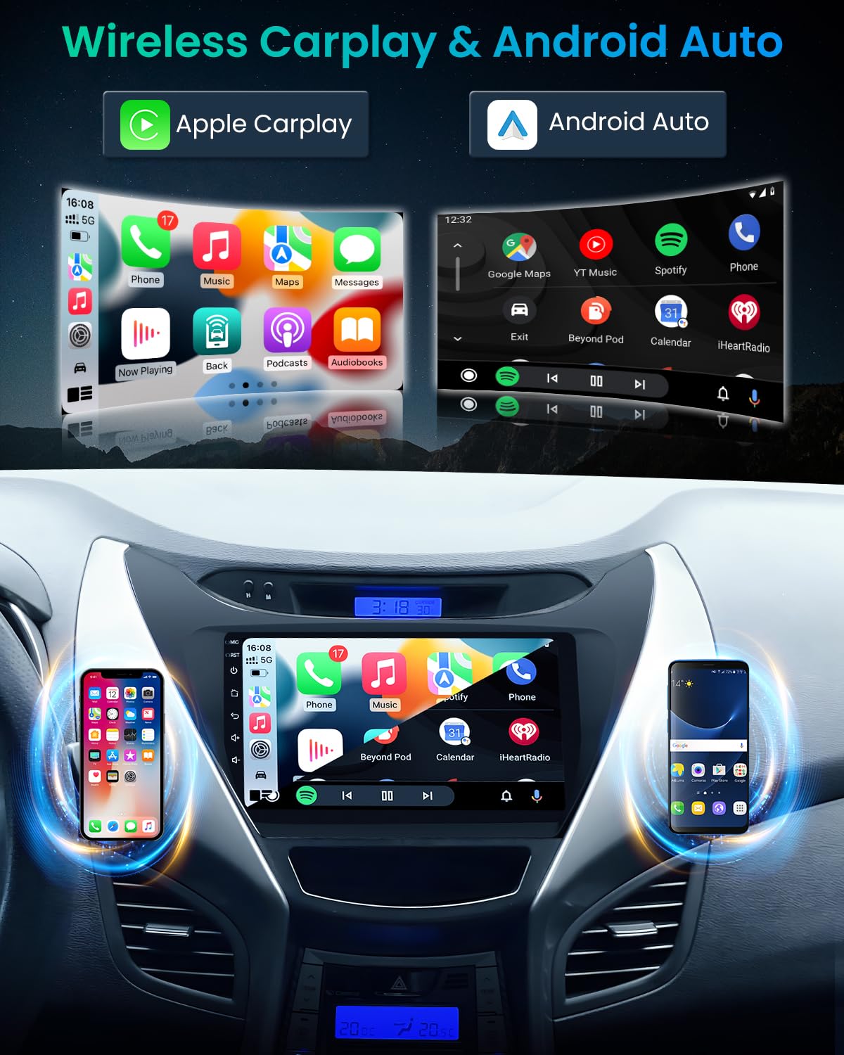 2011-2013 Hyundai Elantra Car Radio with Wireless Android Auto & Apple CarPlay - 9