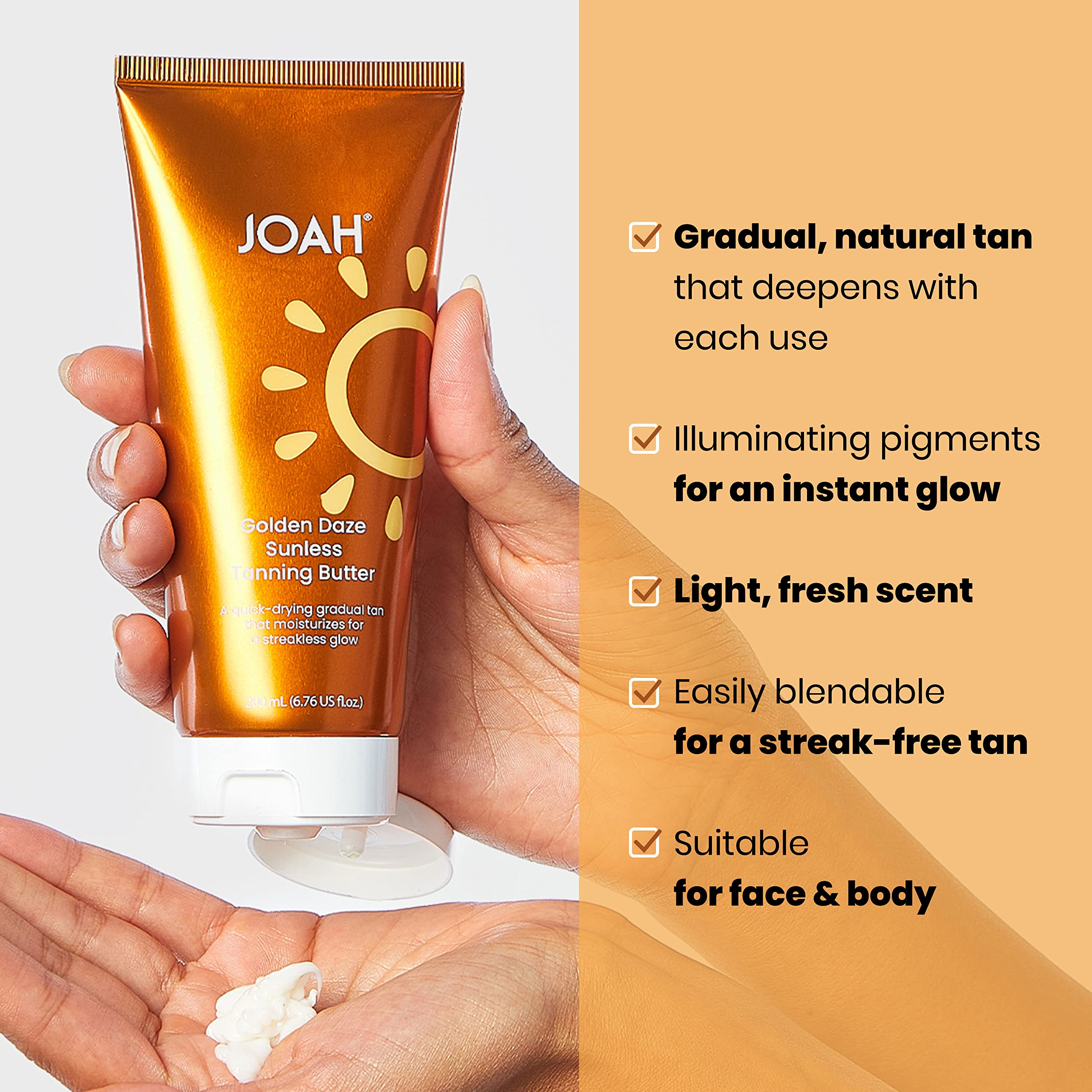 JOAH Beauty Golden Daze Sunless Tanning Body Butter - Natural Looking Self Tanner Lotion for Face & Body with Jojoba Oil, Gradual Bronzing Moisturizer for Streak-Free Glow, 4.1 Oz - Perfect for Summer Tanning, Beach Vacations & Healthy Skin Hydration
