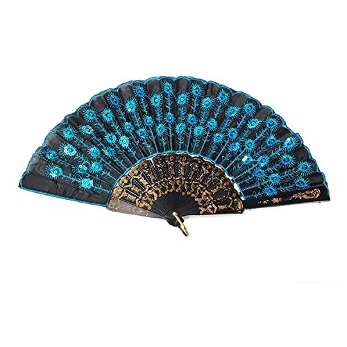 Dusenly 2 Pack Fashion Peacock Folding Hand Fan with Sequins Flower Design - Elegant Handheld Fan for Women & Girls - Perfect for Weddings, Parties, Summer Cooling & Costume Accessories