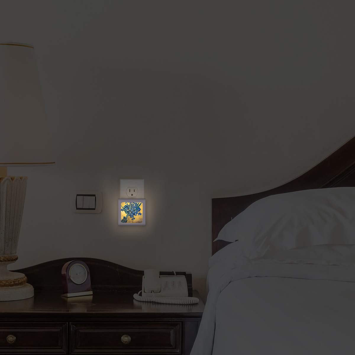 Dimmable LED Night Light with Auto On/Off Sensor, Adjustable Brightness & Warm White Light - Van Gogh Irises Design for Bathroom, Hallway, Nursery & Bedroom - Perfect for Nighttime Safety & Comfort