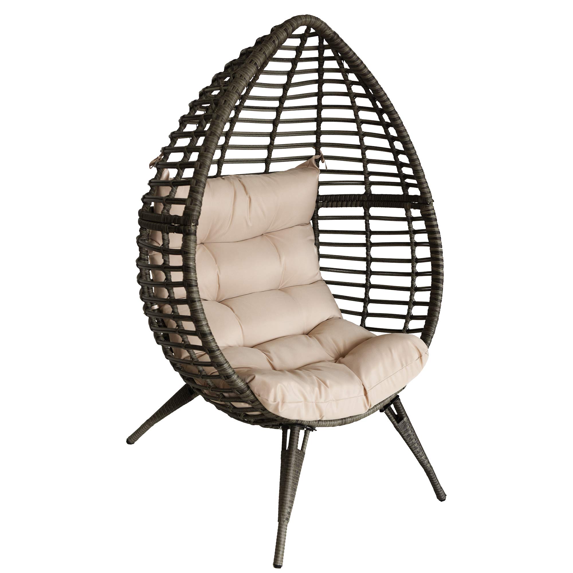 Sundale Outdoor Wicker Egg Chair with Cushion - Grey & Beige Rattan Hanging Chair for Bedroom, Patio, Garden | Indoor Teardrop Basket Chair for Relaxation & Reading Nook
