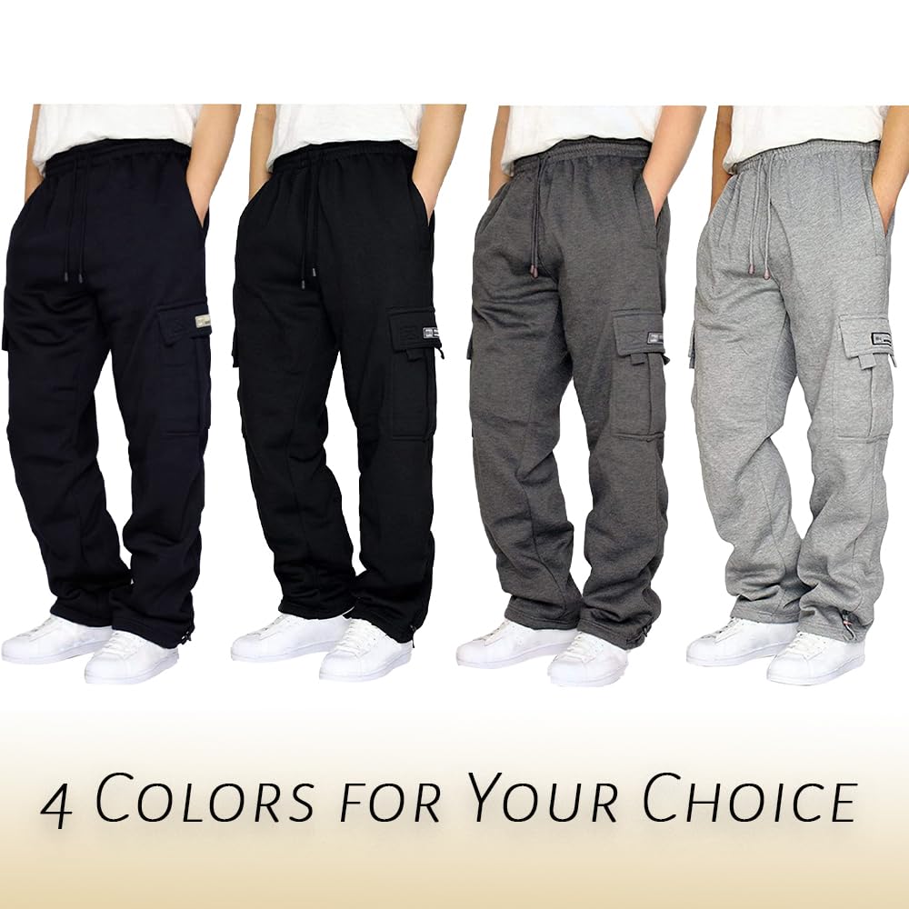 NOVASGAFF Men's Fleece Cargo Jogger Pants - Loose Fit Drawstring Sweatpants with Pockets & Open Bottom | Comfortable Casual Wear for Gym, Lounge & Outdoor Activities