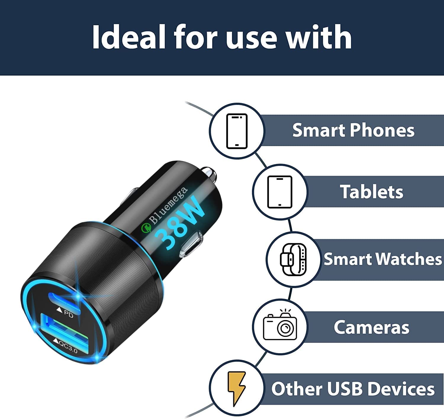 38W Fast USB C Car Charger with PD3.0 & QC3.0 - Dual Port Quick Charge Car Adapter with 2 Pack Lightning Cable - Compatible with iPhone 15/14/13/12 Pro Max/Plus - Perfect for Road Trips & Daily Commute