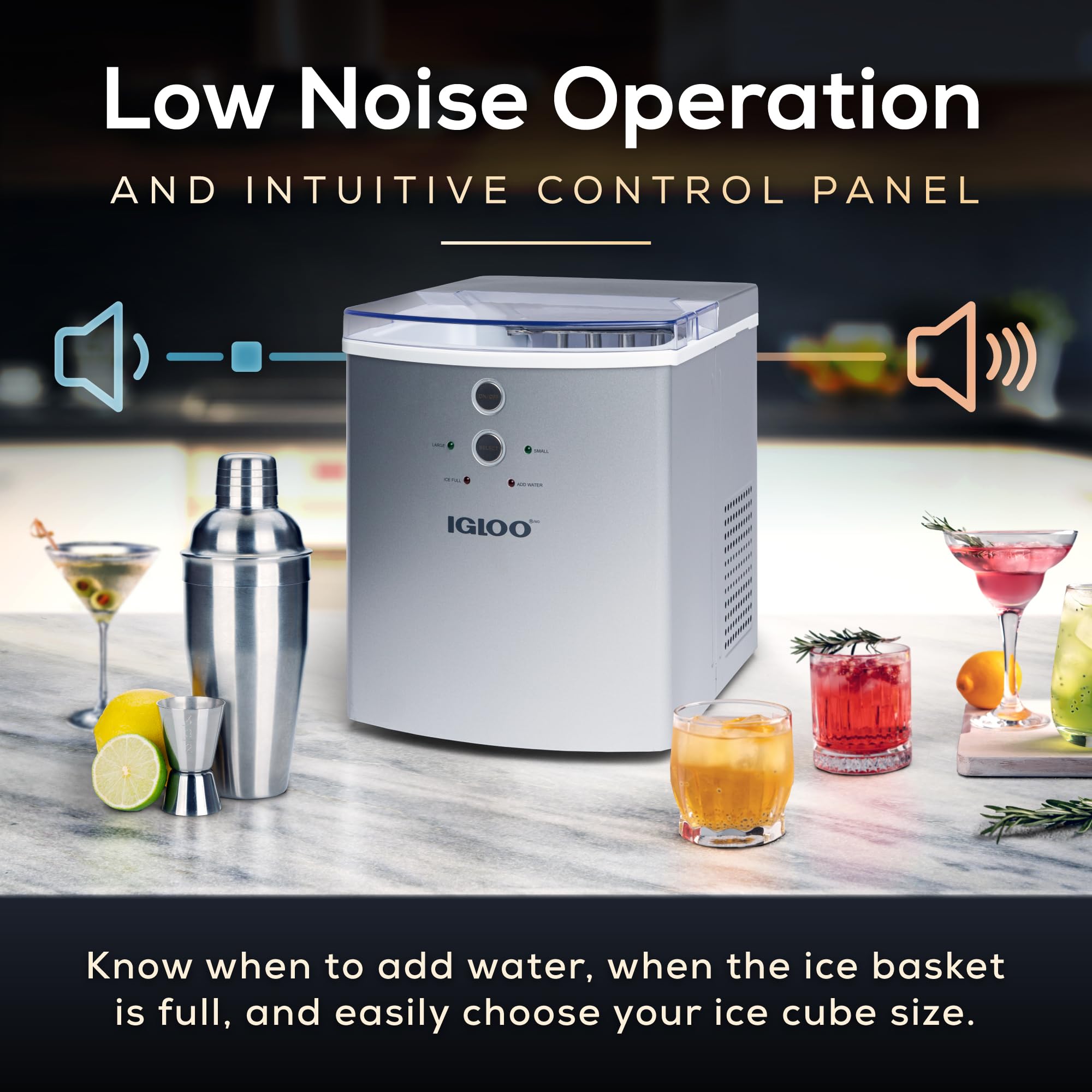 Igloo Electric Countertop Ice Maker Machine - Automatic Portable Ice Cube Maker Produces 33 lbs in 24 Hours - Includes Ice Scoop & Basket - Perfect for Home, Office, Parties, Iced Coffee & Cocktails - Silver