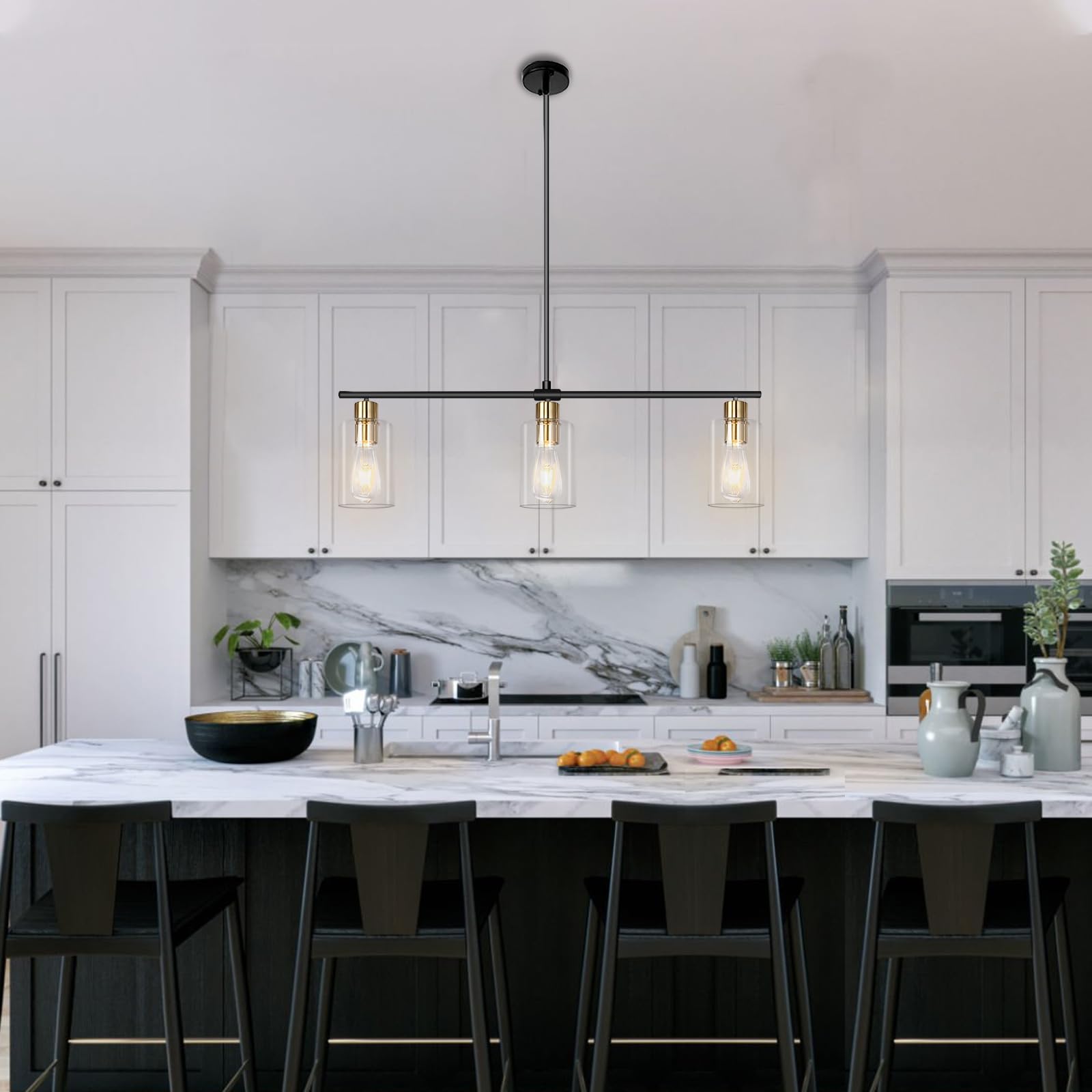 3-Light Farmhouse Chandelier - Black & Gold Linear Kitchen Island Lighting with Glass Shades | Modern Industrial Pendant Light for Dining Room & Breakfast Nook