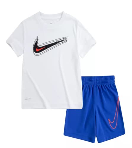 Nike Little Boys' Dri-FIT 2-Piece T-Shirt and Shorts Set - Moisture-Wicking Athletic Outfit for Active Kids (Size 6, White/Blue) - Perfect for Sports, Playdates & Summer Activities