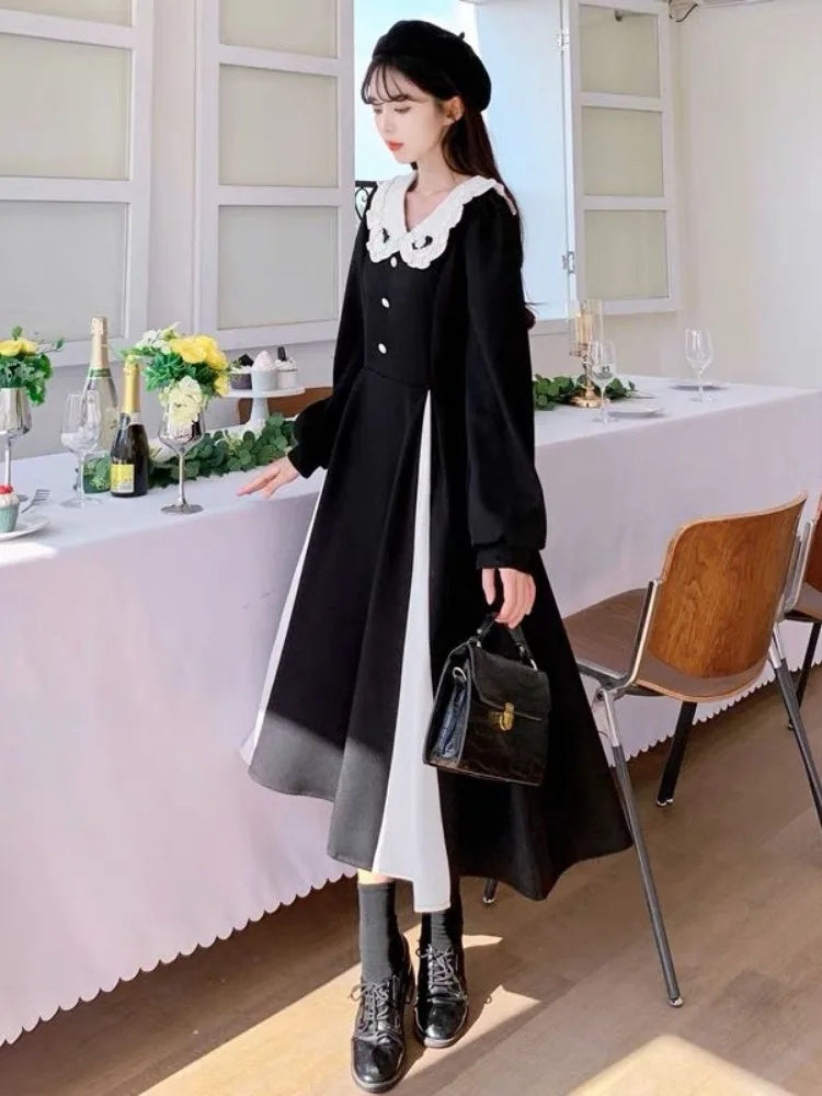 2023 Vintage Preppy Style Kawaii Black Midi Dress for Women - Peter Pan Collar School Student Party Dress | Perfect for Autumn School Events, Casual Outings & Retro-Themed Parties