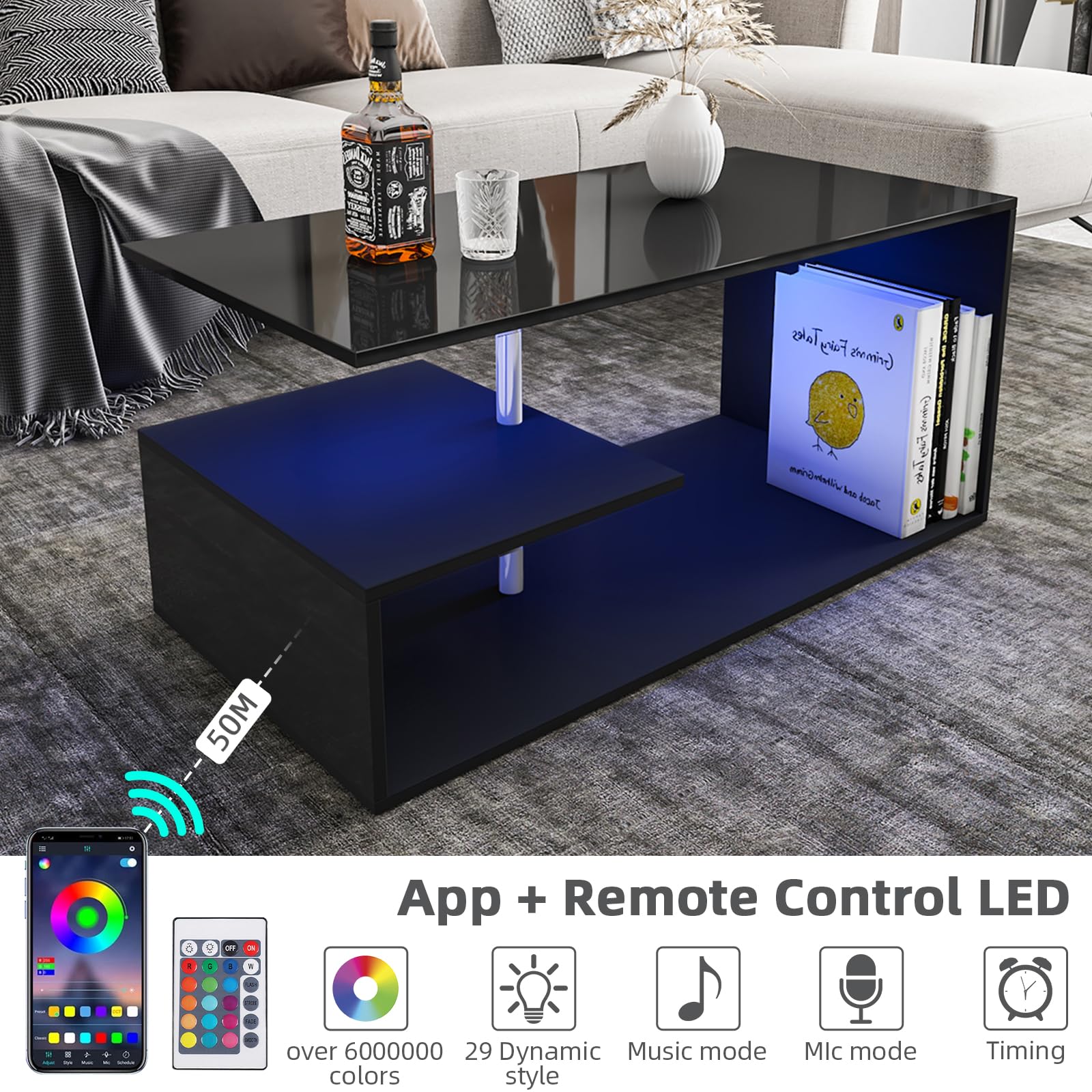 Modern Black LED Coffee Table with 3-Tier S-Shaped Open Storage Shelf - High Gloss Center Sofa Table with Adjustable Lighting - Perfect for Living Room, Home Office & Small Spaces (18