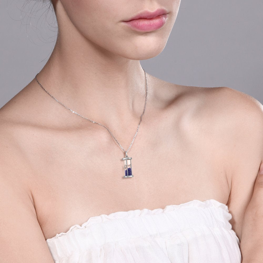 Diamond & Blue Gemstone Birthstone Dust Hourglass Pendant Necklace with 18
