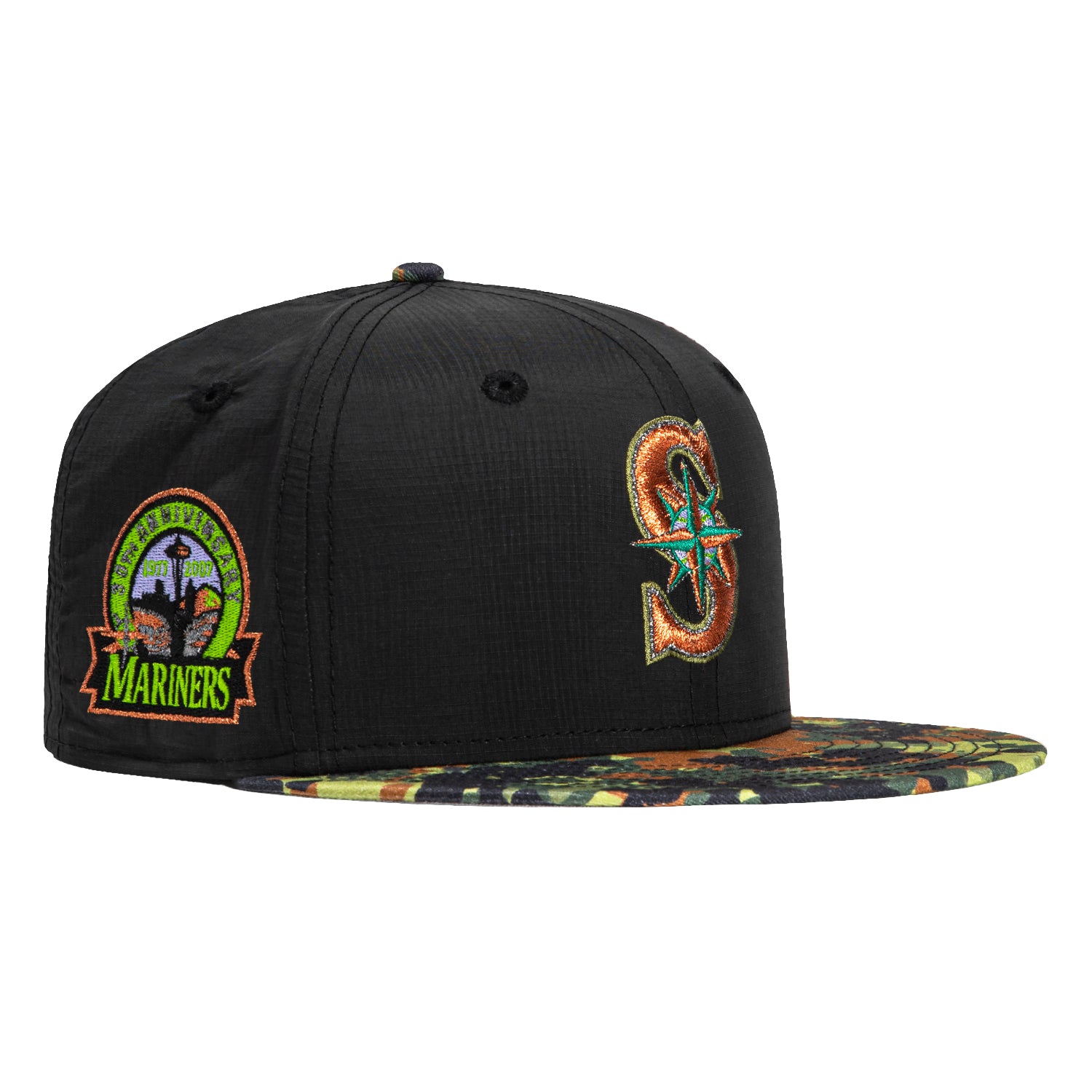 New Era 59Fifty Seattle Mariners 30th Anniversary Patch Snapback Hat - Black Camo Baseball Cap for Men, Outdoor Sports & Casual Wear