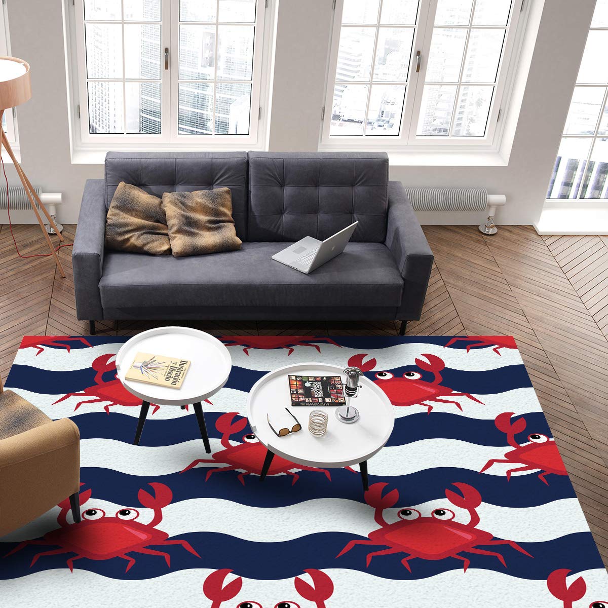 Non-Slip Red Crab Blue Chevron Area Rug 5'x7' - Soft Rectangular Floor Mat for Living Room, Bedroom, Kids Room & Kitchen | Indoor Home Decor, Anti-Skid Design for High Traffic Areas