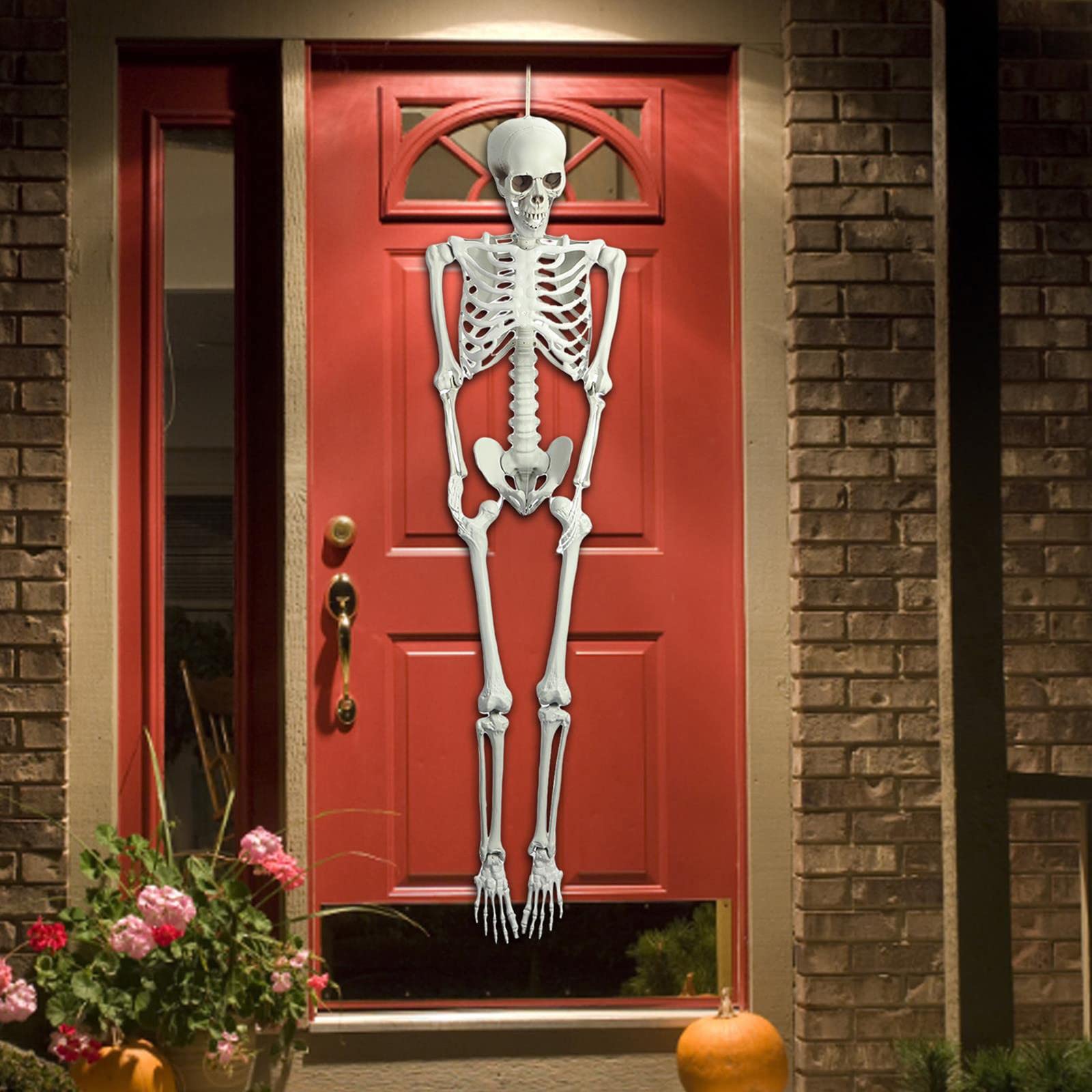 5.4 Ft Halloween Skeleton Decor - Life Size Realistic Human Bones with 7 Adjustable Joints, Durable PE Material, Hanging Hook for Ceiling Display - Perfect for Halloween Party, Haunted House, Yard Decoration & Spooky Photo Props