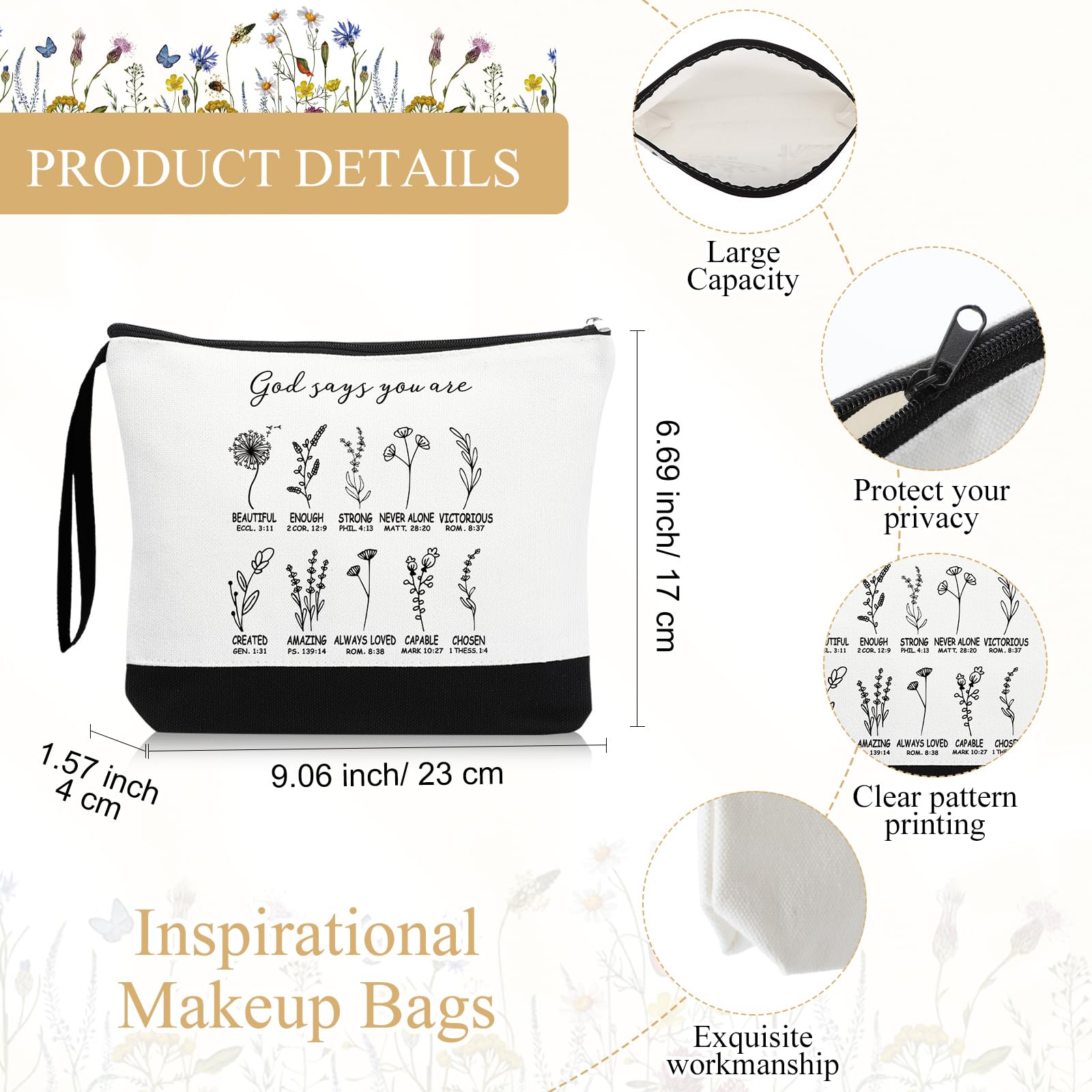 20 Pack Christian Cosmetic Bags with Bible Verses - Floral Religious Makeup Pouch with Zipper for Women - Inspirational Gifts for Church Ladies, Mothers Day, Bible Study & Daily Devotional Use
