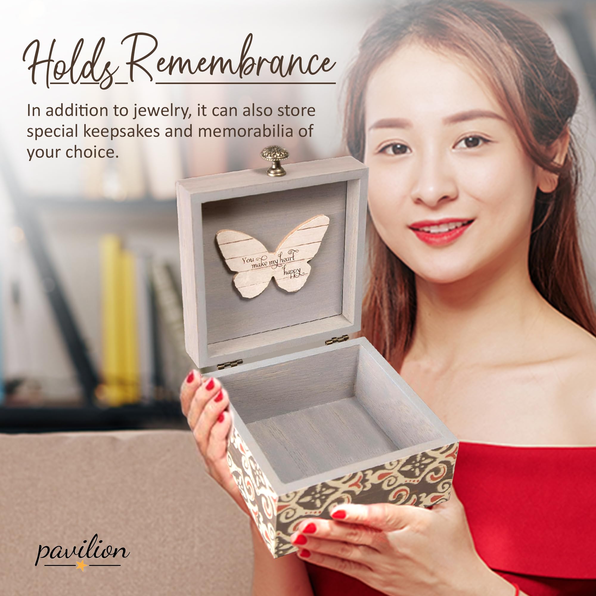 Pavilion 'Simple Spirits Butterfly' 41102 - Wooden Hinged Keepsake Box with Elegant Pattern & Printed Message - Perfect Gift for Friends & Loved Ones - Jewelry Organizer, Cosmetic Storage & Trinket Holder for Bedroom, Bathroom & Dresser Decor