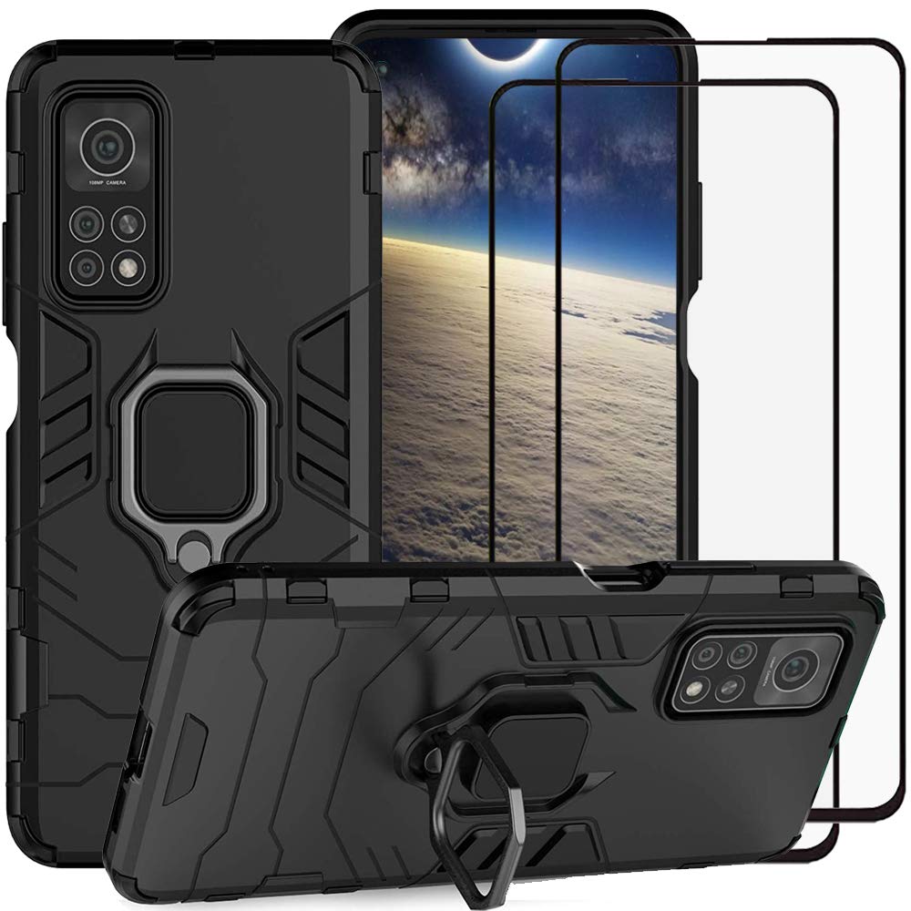 Xiaomi Mi 10T/10T Pro 5G Case - 2-in-1 Hybrid Heavy Duty Armor Shockproof Cover with Kickstand & Tempered Glass Screen Protector (2 Pack, Black) - Perfect for Work, Travel & Outdoor Activities