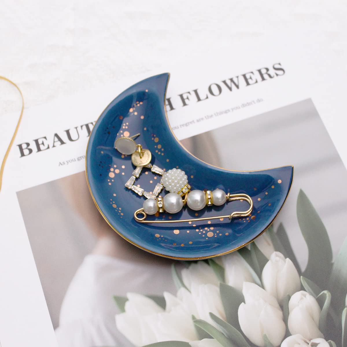 Soddeph Small Moon Ceramic Jewelry Tray - Elegant Decorative Trinket Dish & Ring Holder Plate for Bathroom, Nightstand, Vanity - Blue Ceramic Catchall Tray for Jewelry Organization & Home Decor (Perfect for Gifts, Wedding Favors & Bridesmaid Presents)