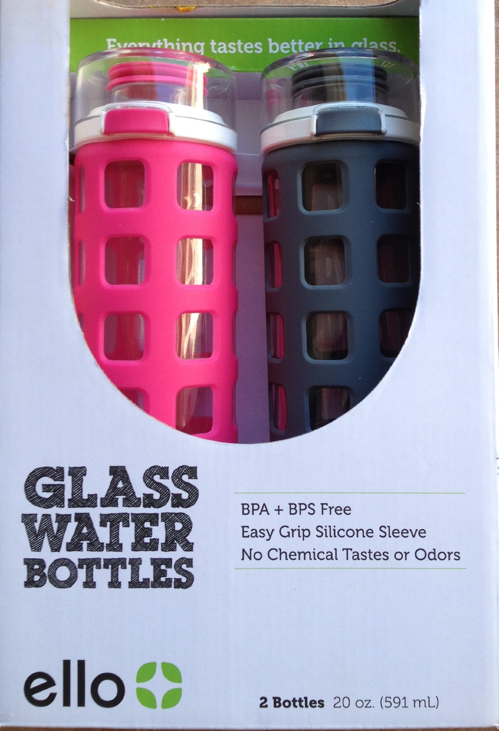 Ello Safe Clean Glass Water Bottles 20 oz - Leak Proof & Easy Grip (2 Pack) | BPA-Free Reusable Water Bottle for Gym, Hiking, Office & Travel