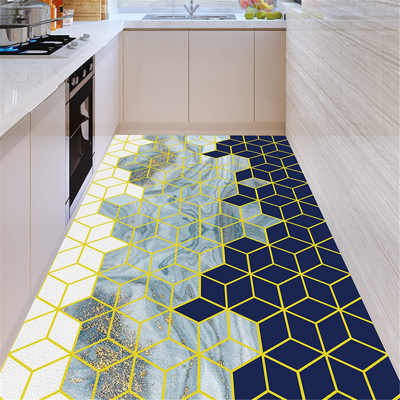 Premium Anti-Fatigue Kitchen Mat - Waterproof Non-Slip Floor Rug for Sink Area, Cushioned Comfort for Standing, Durable Leather Surface (White/Blue/Grey, 55x394 Inches) - Ideal for Cooking, Dishwashing & Home Kitchen Use