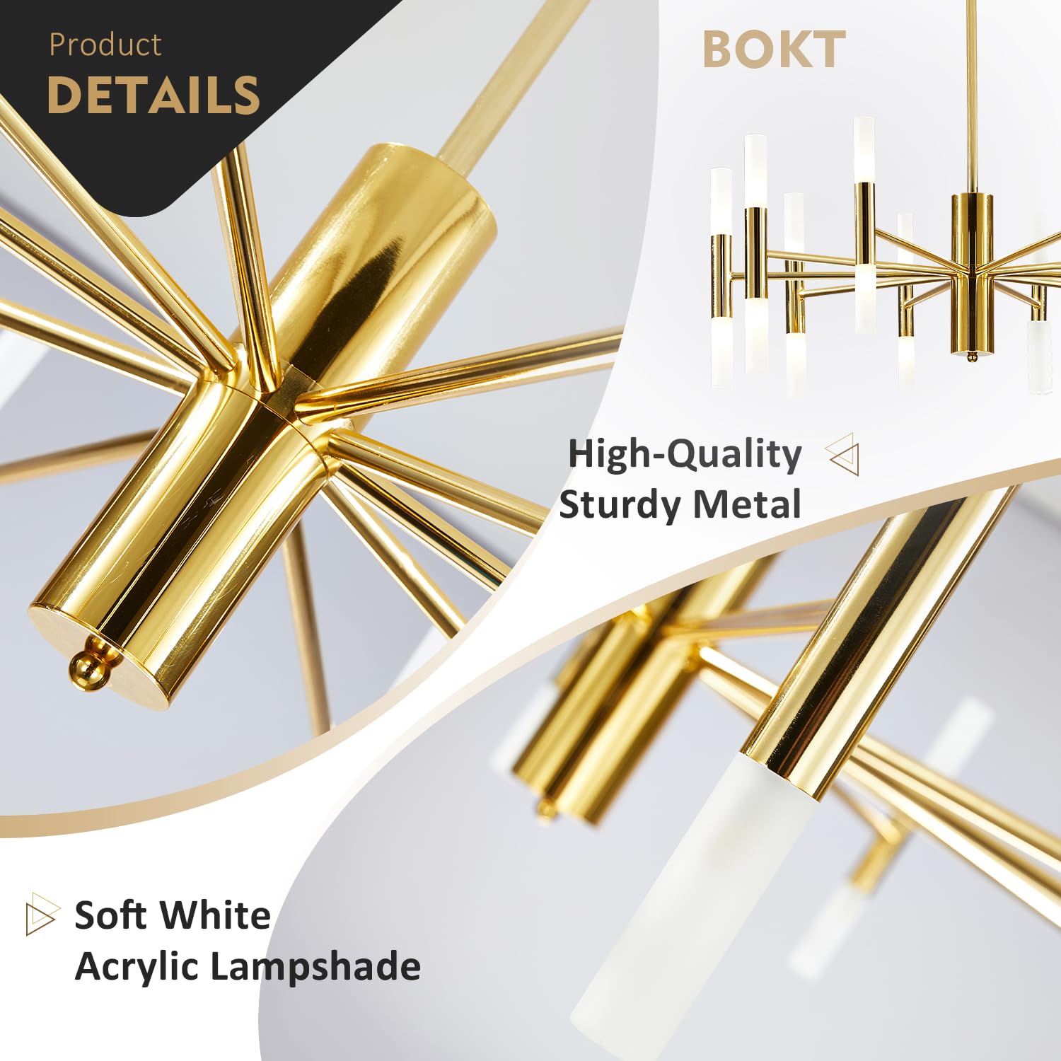 BOKT Modern 20-Light LED Sputnik Chandelier - Mid Century Pendant Light with Acrylic White Shades & Gold Finish - Semi Flush Mount Ceiling Fixture for Dining Room, Living Room, Bedroom (Small Size)