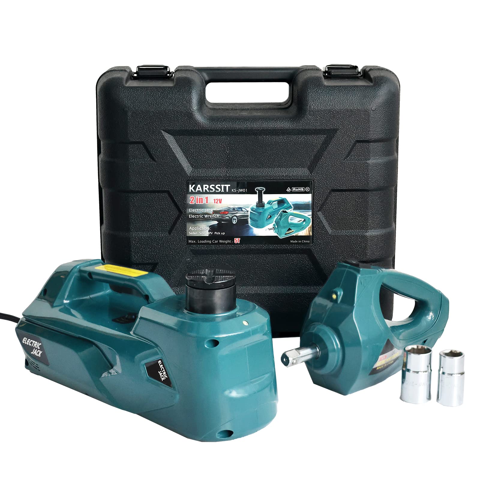 KARSSIT 5 Ton 12V Electric Hydraulic Car Jack Kit with Impact Wrench - Portable 2-in-1 Floor Jack for Vehicle Lifting, Tire Changes & Emergency Roadside Assistance