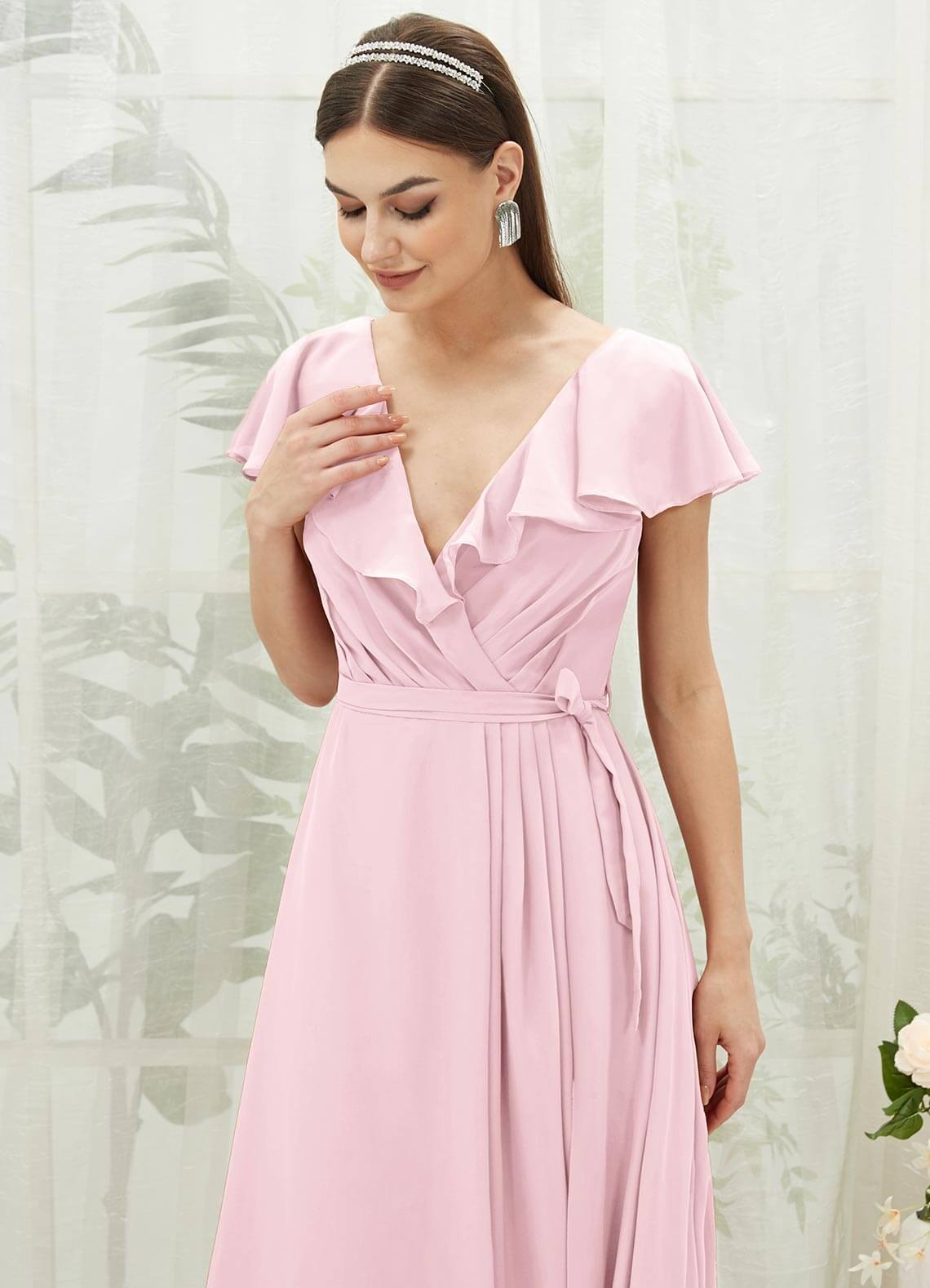 Elegant Blush Chiffon Bridesmaid Dress with Ruffle Sleeves & V-Neck - Perfect for Weddings, Formal Events & Special Occasions