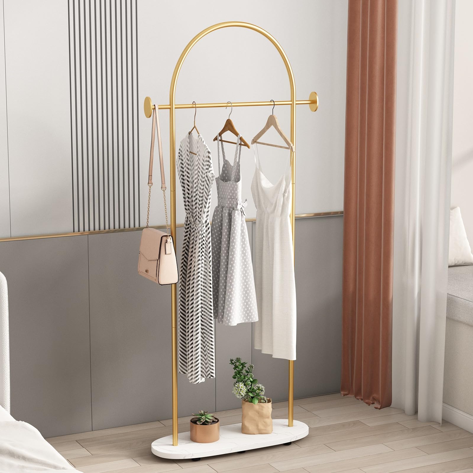 Premium Gold Clothing Racks Heavy Duty - Standing Coat Rack with Sturdy Marble Base | Modern Garment Hanger for Boutique, Office & Home | Perfect for Displaying Coats, Dresses & Accessories in Retail Stores, Walk-in Closets & Entryways