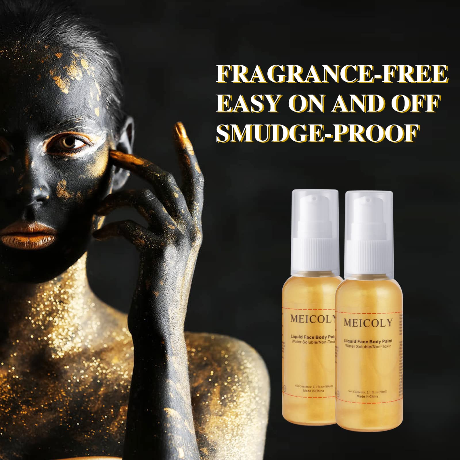 MEICOLY Cream Gold Face & Body Paint - 2.1Oz Smudge-Proof, Water-Based Washable Metallic Gold Makeup for Halloween, SFX, Christmas & Cosplay - Safe for Adults & Kids - Perfect for Costume Parties, Theater & Special Effects Makeup