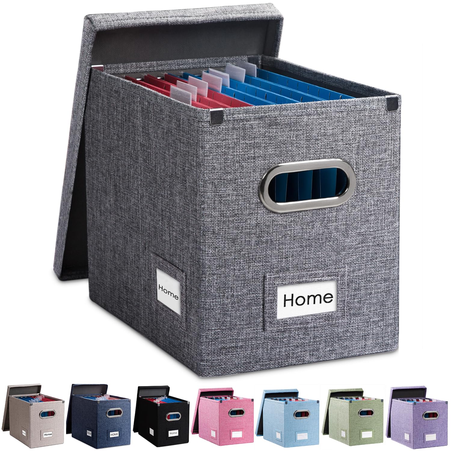 PRANDOM Collapsible File Organizer Box - Set of 1 Decorative Linen Storage Box with Lid for Office, Home & School - Letter Size Hanging File Folders (14x9.3x10.8 inch) - Perfect for Desk Organization, Document Storage & Cabinet Filing - Grey