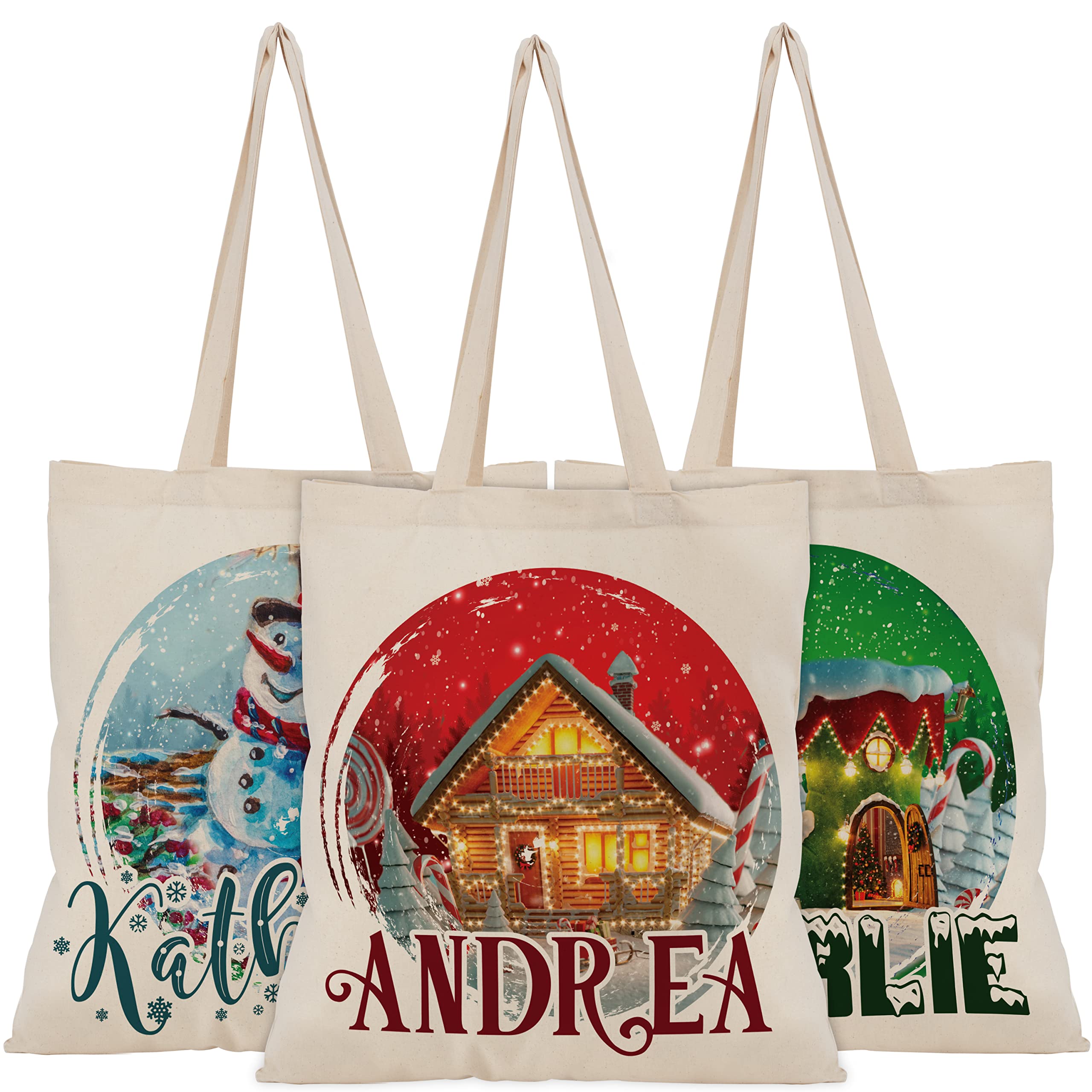 Personalized Christmas Canvas Tote Bags with Name - 6 Festive Designs & 8 Font Styles - Eco-Friendly Custom Totes for Women & Girls - Reusable Cotton Grocery Shopping & Beach Goodie Bags - Perfect for Holiday Gifts, Shopping, Travel & Xmas Parties